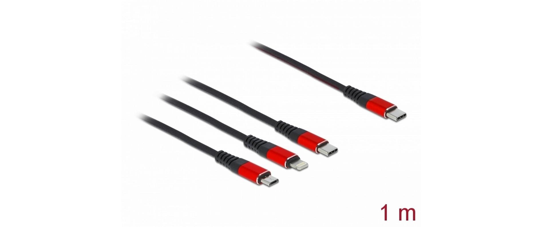 DeLOCK USB-C auf Lightning/Micro-USB-B/USB-C Kabel – USB 2.0 – 1 m – Schwarz/Rot