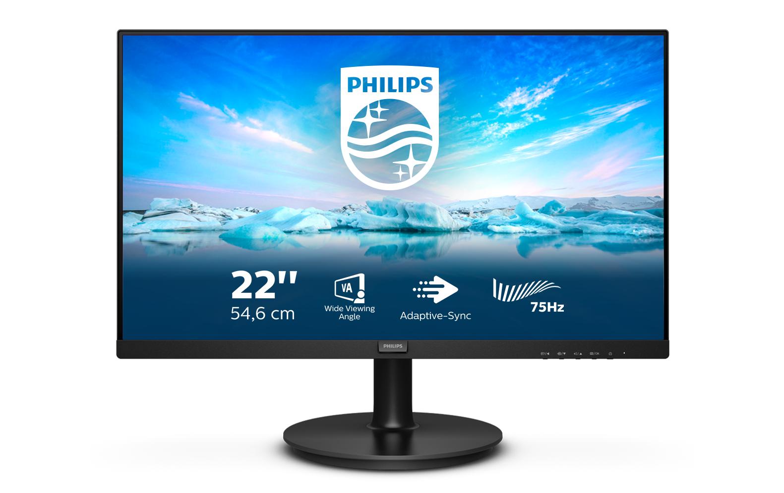 Philips 222V8LA/00 – Monitor, 21,5" 1920 × 1080 (Full HD), VA, 75 Hz, 250 cd/m², VESA 100 × 100, Schwarz
