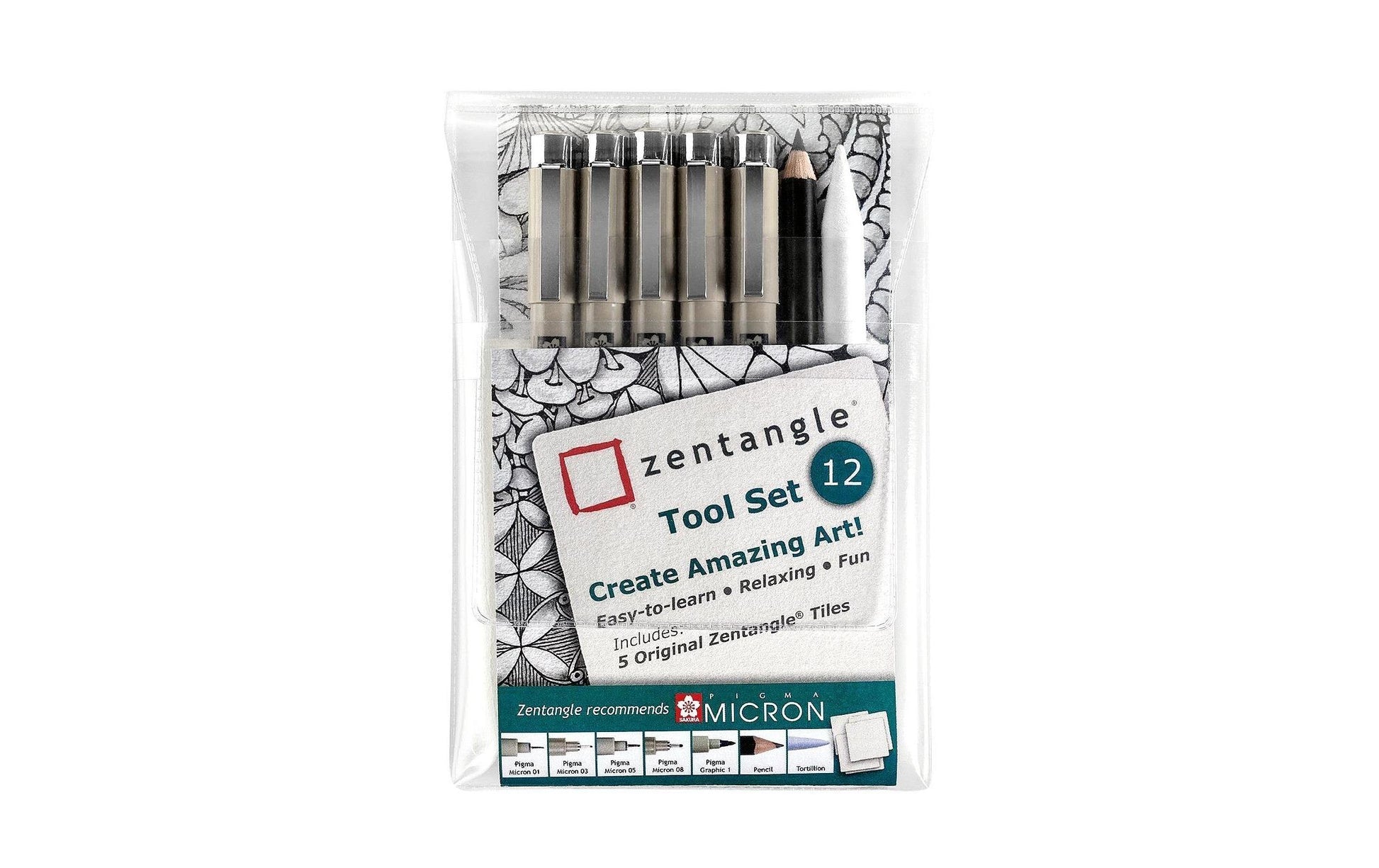 Sakura Zentangle Werkzeugset Z12PTGB – 3 Micron (01/03/05), Graphitstift, Verwischstift, 5 ATC-Kacheln 89×64 mm