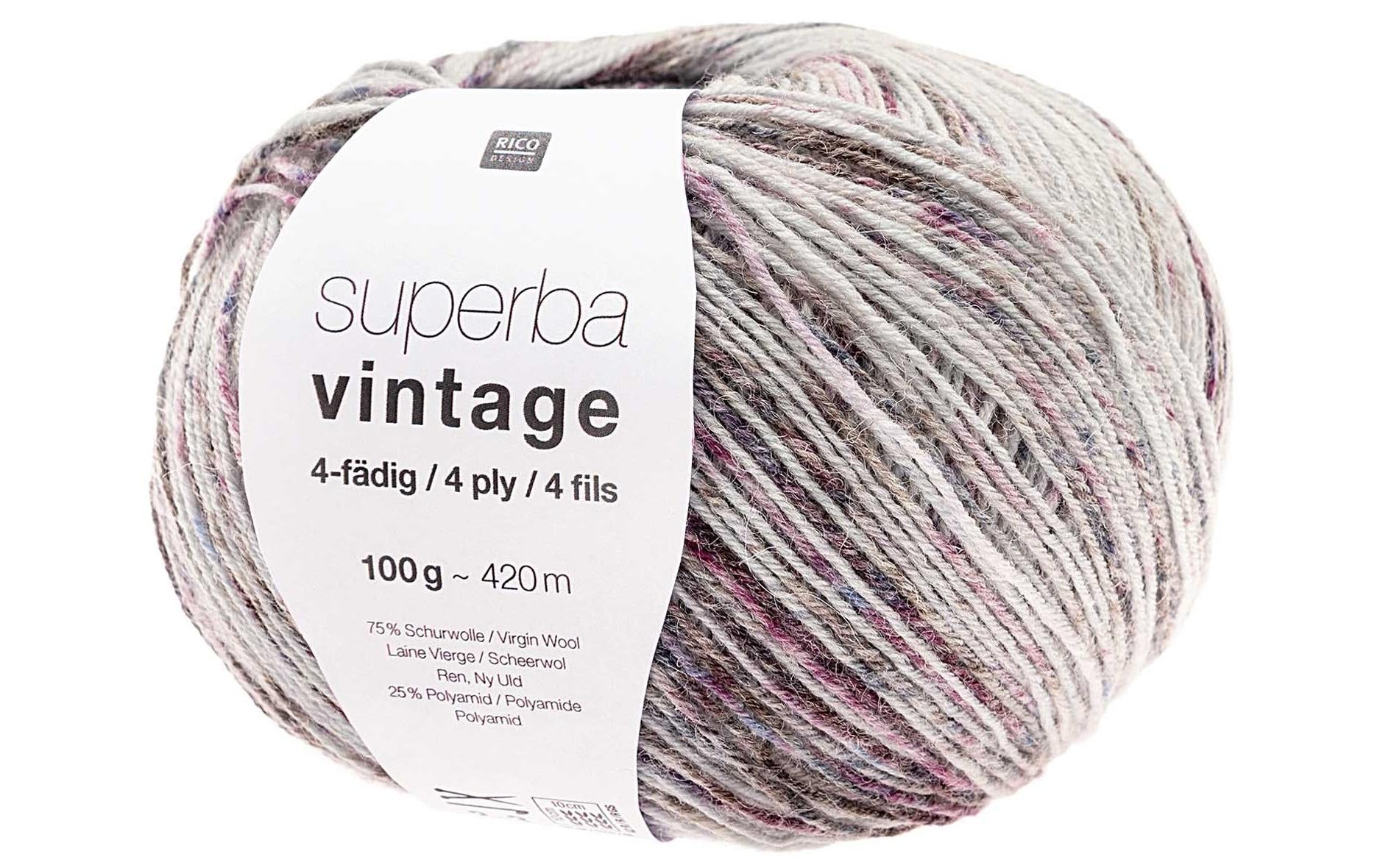 Rico Design Sockenwolle Soft Vintage 4-fädig Garn Flieder – 100 g, 420 m, Nadel 2 mm, 75% Schurwolle/25% Polyamid
