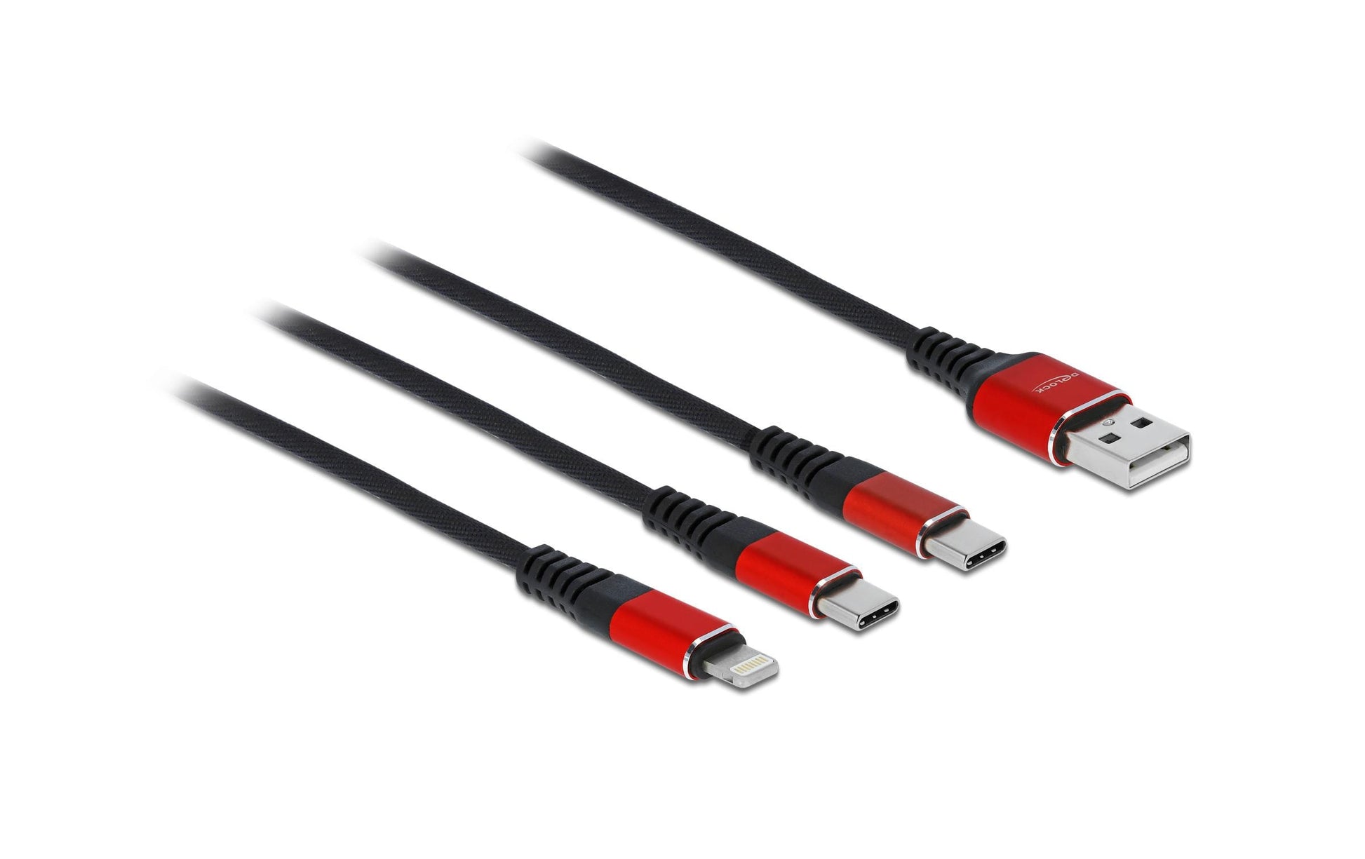 DeLOCK USB-Kabel – USB-A auf Lightning und 2× USB-C – USB 2.0 (480 Mbit/s) – 0,3 m – Schwarz/Rot