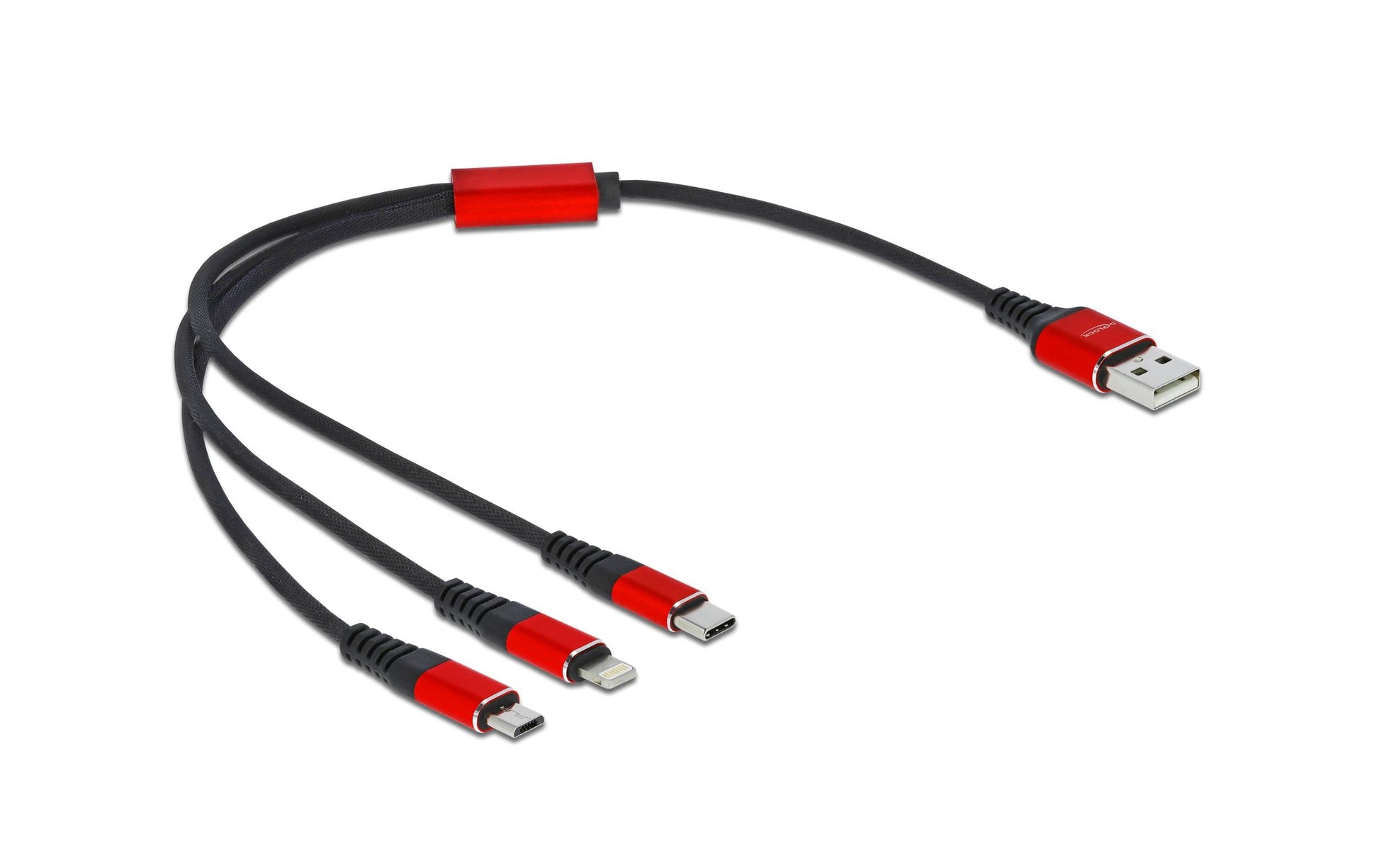 DeLOCK USB-Kabel – USB-A auf Lightning und 2× USB-C – USB 2.0 (480 Mbit/s) – 0,3 m – Schwarz/Rot