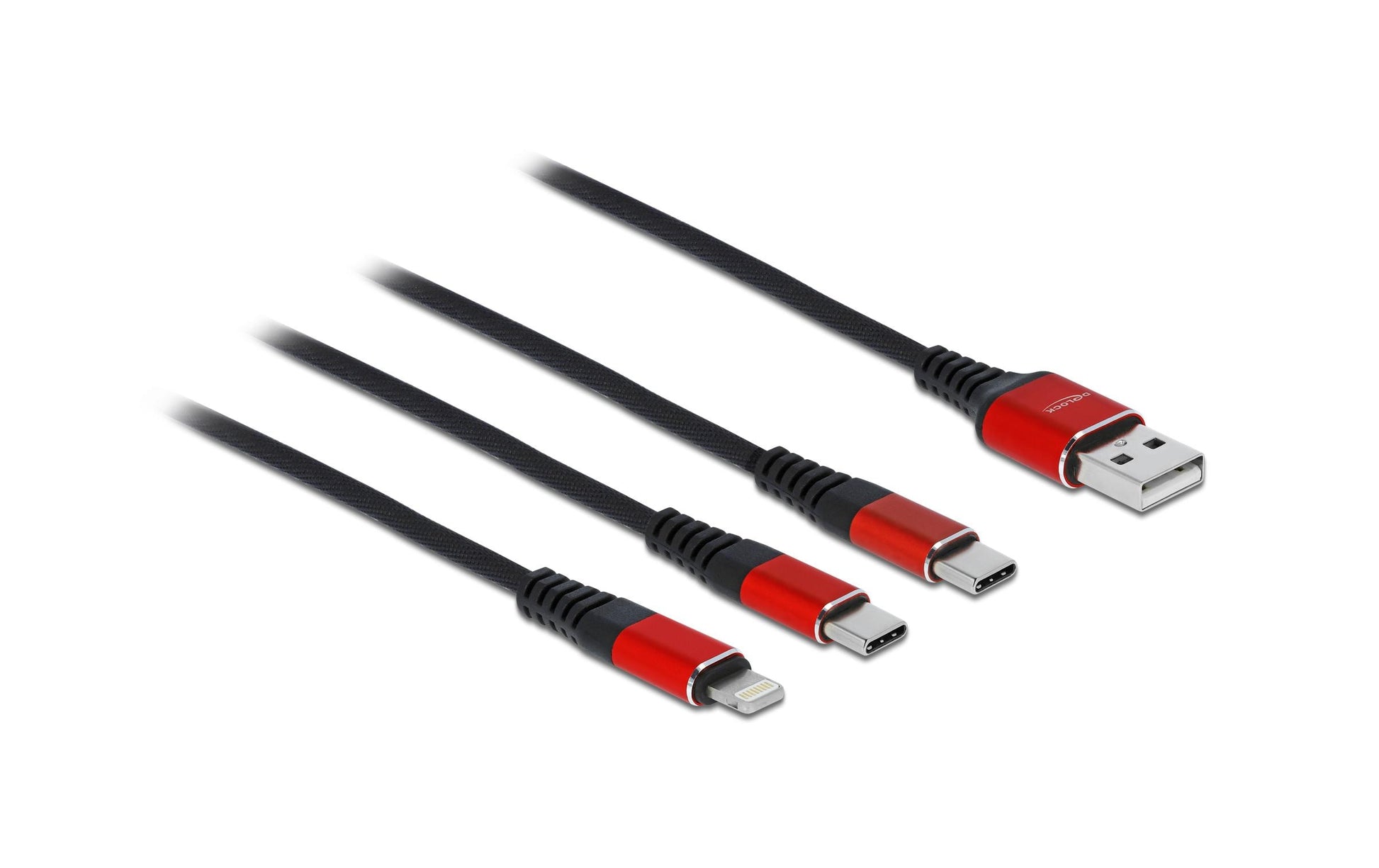 DeLOCK USB-Kabel – USB-A auf Lightning, 2× USB-C – USB 2.0 (480 Mbit/s) – 1 m – Schwarz/Rot
