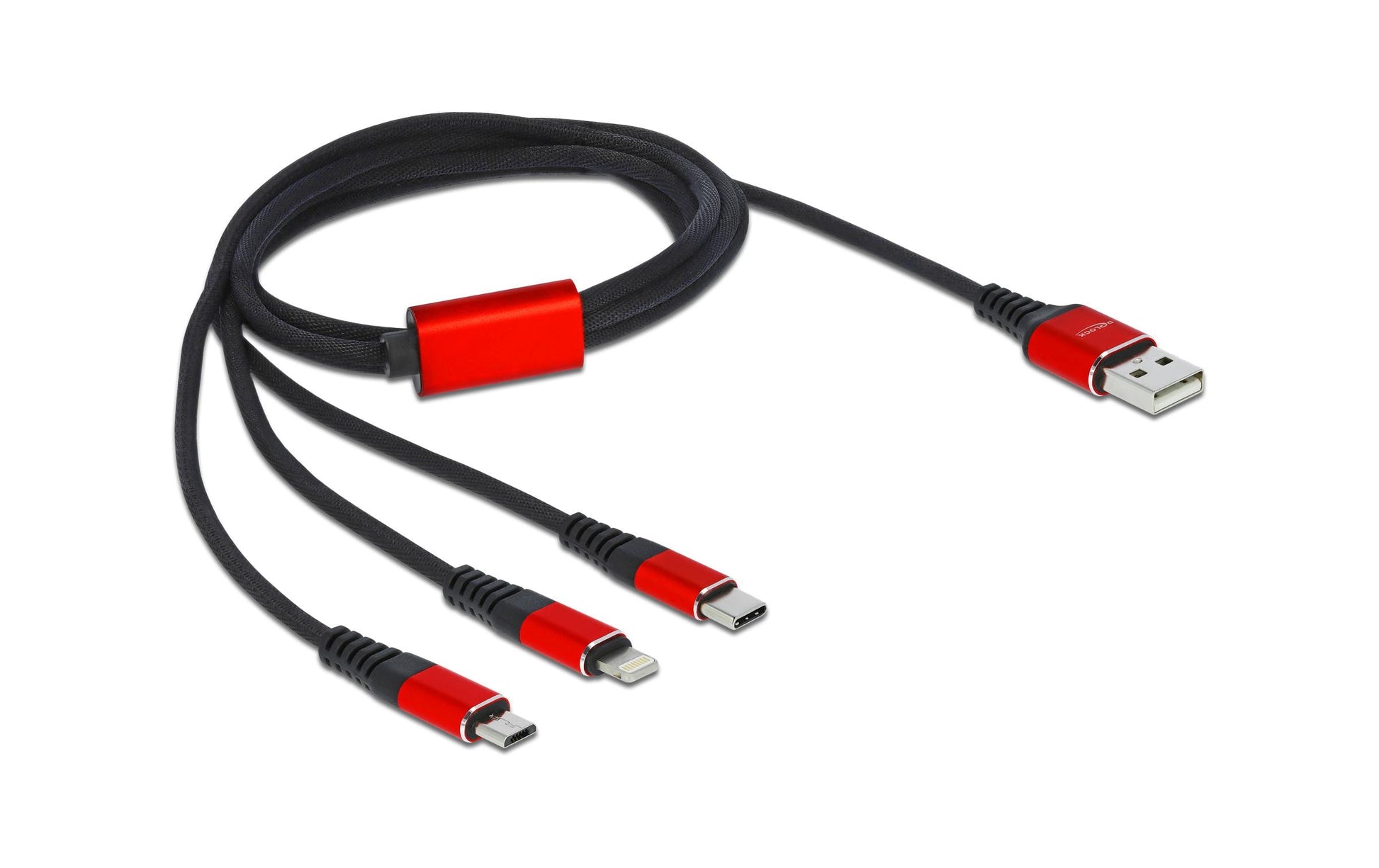 DeLOCK USB-Kabel – USB-A auf Lightning, 2× USB-C – USB 2.0 (480 Mbit/s) – 1 m – Schwarz/Rot