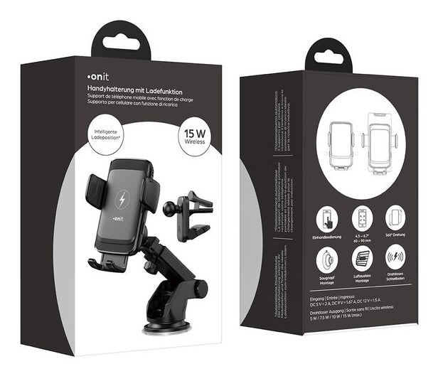 ONIT Smart – Kabellose Auto-Ladehalterung – Saugnapf, Armaturenbrett, USB-C, für Smartphones 60–90 mm – Schwa