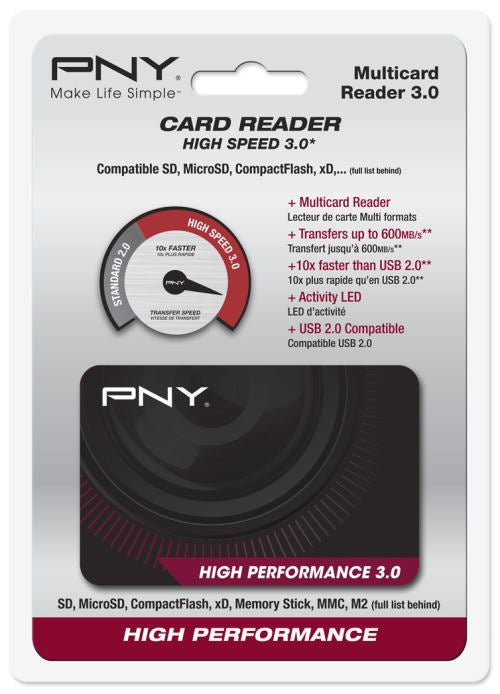 PNY USB-Kartenleser – CF, SD/microSD – USB 3.2 Gen 1 (5 Gbit/s) – LED-Anzeige – Schwarz