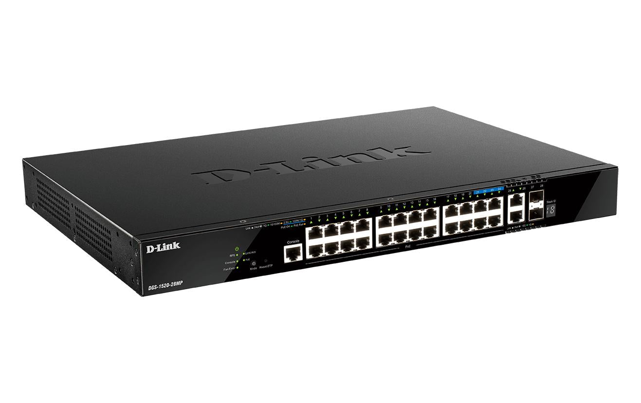 D-Link DGS-1520-28MP/E – Managed PoE+ Switch, 24x RJ-45 1G, 4x 2,5G, 2x 10G, 2x SFP+, PoE 370 W, 1U