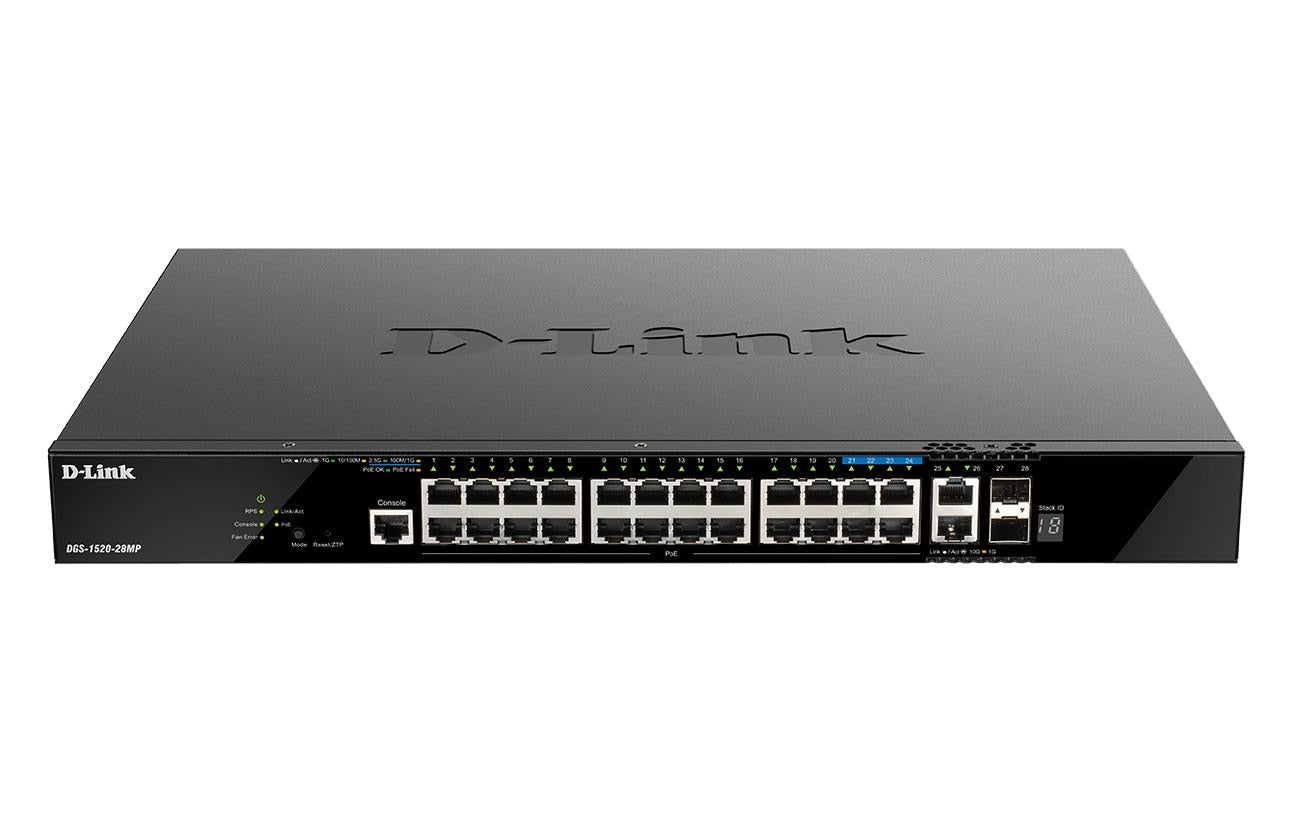 D-Link DGS-1520-28MP/E – Managed PoE+ Switch, 24x RJ-45 1G, 4x 2,5G, 2x 10G, 2x SFP+, PoE 370 W, 1U