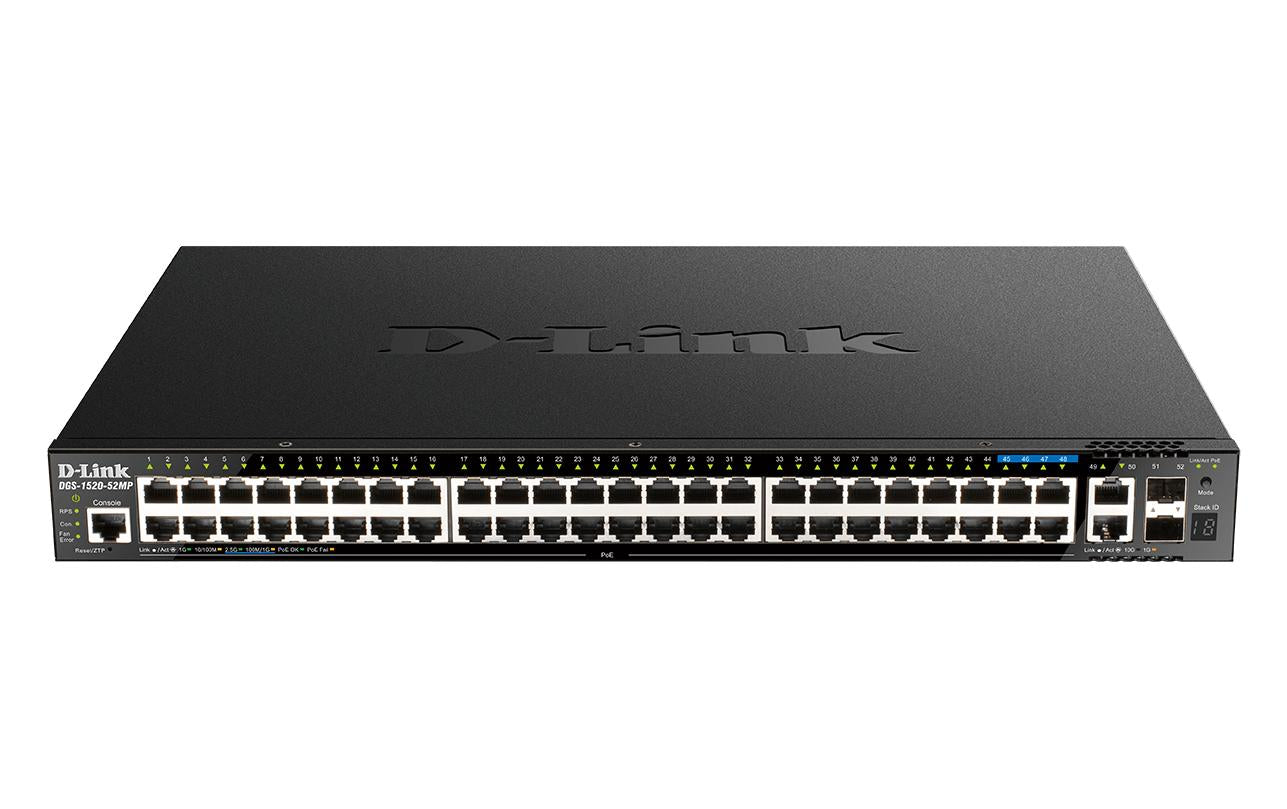D-Link DGS-1520-52MP/E – Managed Switch – 48×GbE+4×2.5G+2×10G, 2×SFP+, L3, PoE+ 370 W, 1U