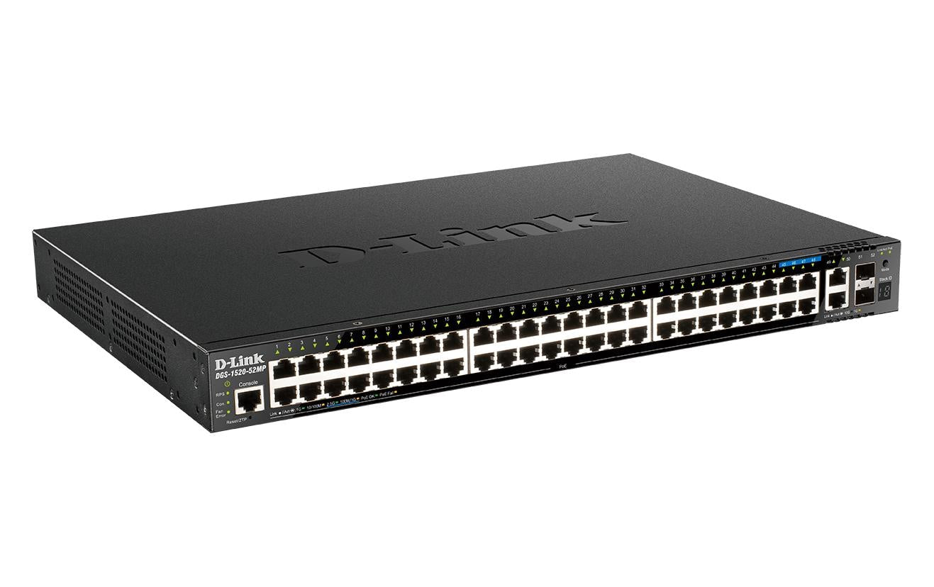 D-Link DGS-1520-52MP/E – Managed Switch – 48×GbE+4×2.5G+2×10G, 2×SFP+, L3, PoE+ 370 W, 1U
