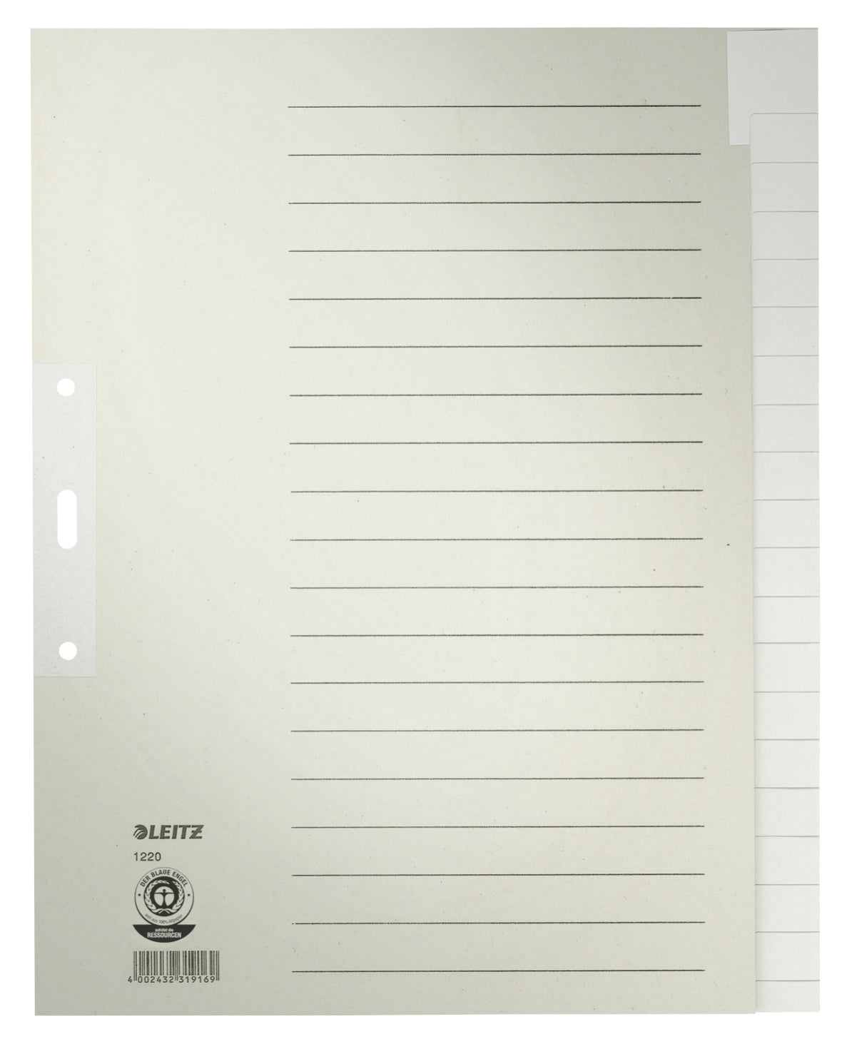Leitz Register 240 × 300 mm – blanko, 20 Taben, graues Papier, Lochverstärkung erstes Blatt