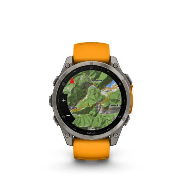 Garmin Fenix 8 – Smartwatch – 47 mm, 1,4" AMOLED, GPS, Saphirglas, 100 m, Silber, Orange Sportarmband
