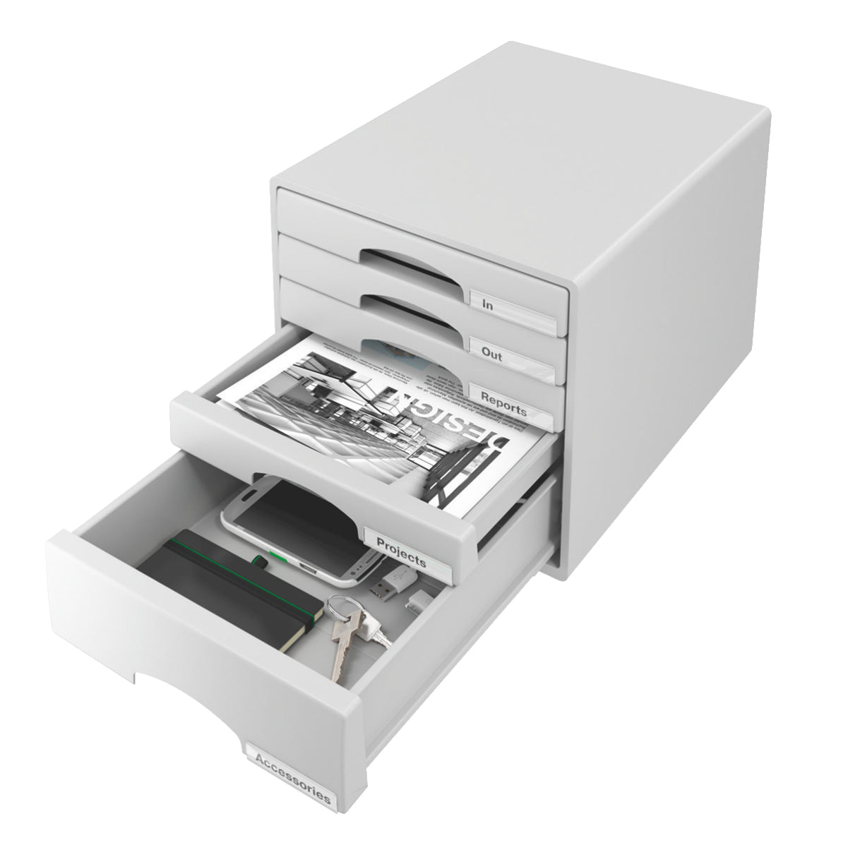 Leitz Schubladenelement – 5 Schubladen, für A4+, grau, B 287 × H 270 × T 363 mm
