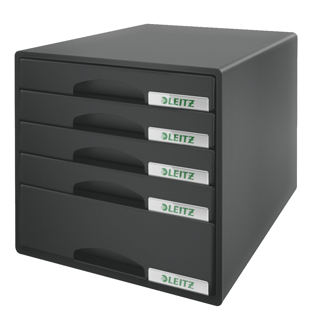Leitz Schubladenelement – 5 Schubladen, für A4+, mit Auszugsstopp, schwarz, B 287 × H 270 × T 363 mm