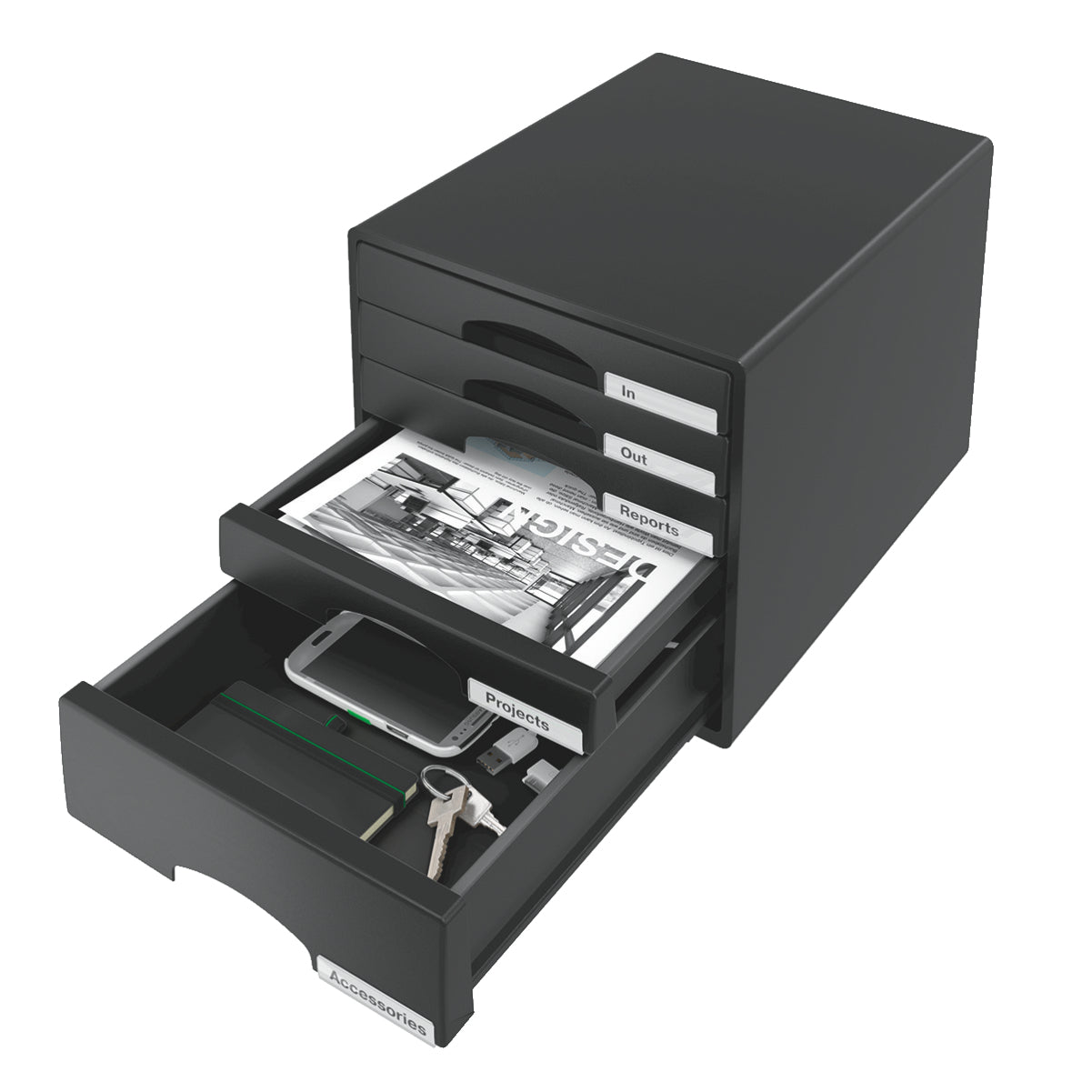 Leitz Schubladenelement – 5 Schubladen, für A4+, mit Auszugsstopp, schwarz, B 287 × H 270 × T 363 mm