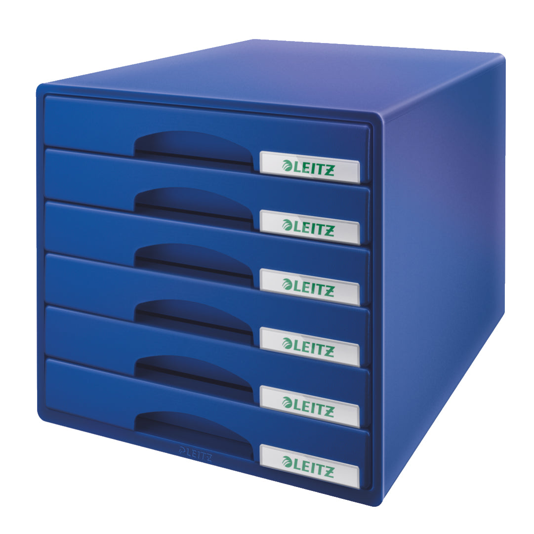 Leitz Plus Schubladenelement – 6 Schubladen, Blau, B 287 × H 270 × T 363 mm