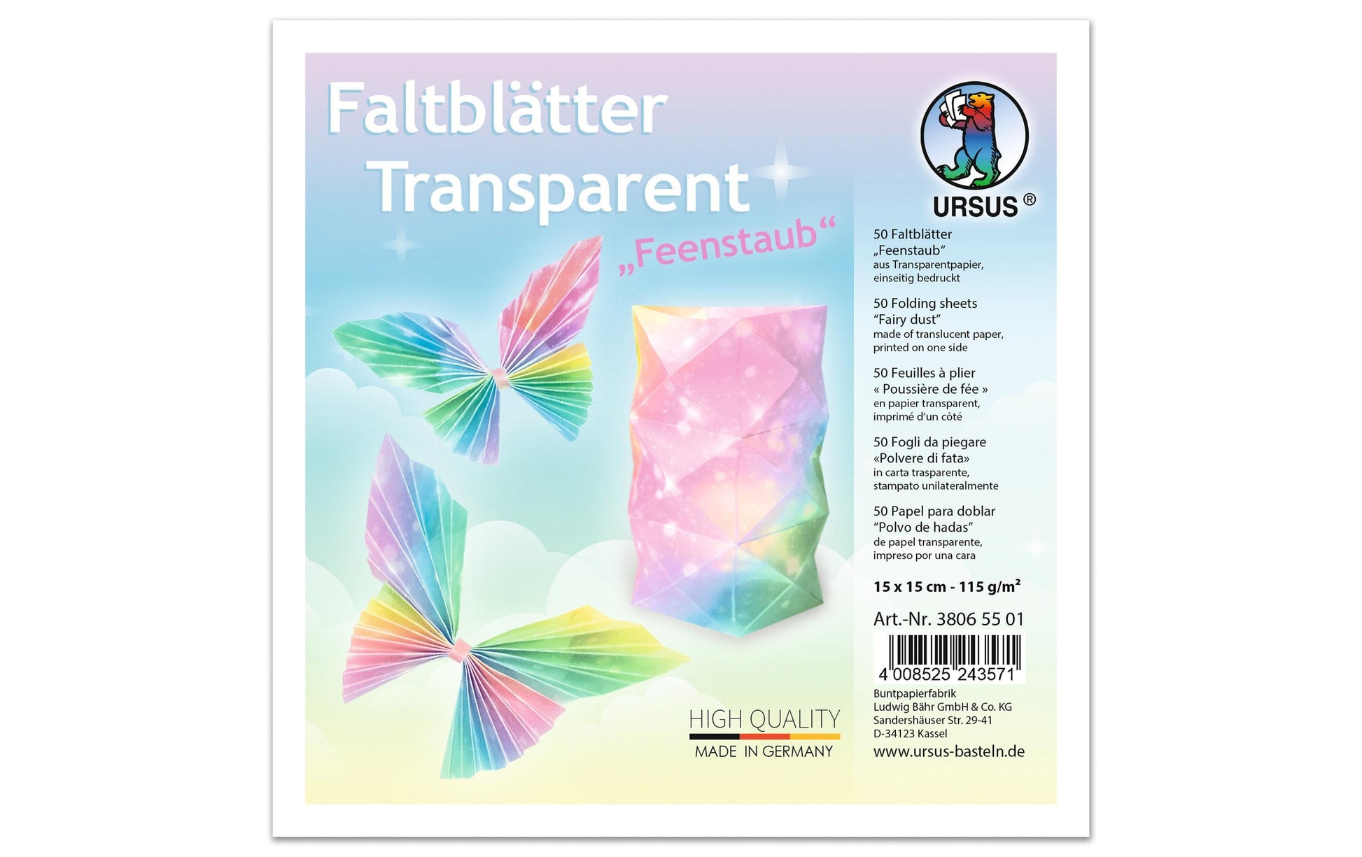 URSUS Origamipapier – 15 × 15 cm, Mehrfarbig, Transparent, 115 g/m² – 50 Blatt