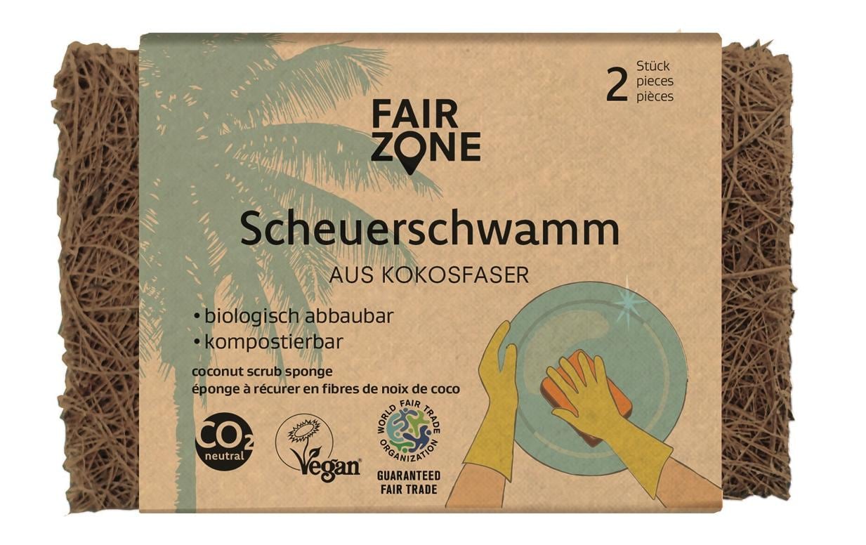 Fair Zone Scheuerschwamm – Kokosfaser, für Geschirr, braun, 2 Stk.