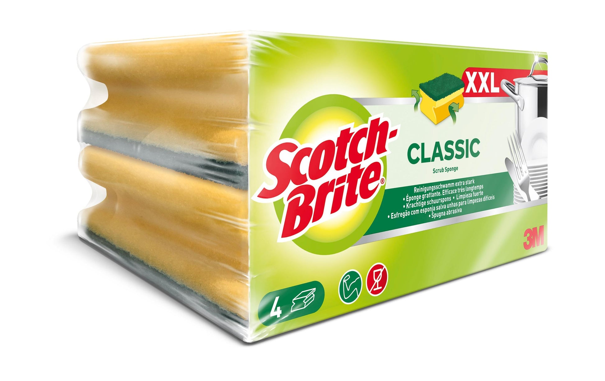 3M Scotch-Brite Spülschwamm Classic XXL – Schaumstoff, Rechteckig, für Geschirr, Gelb, 4 Stk.