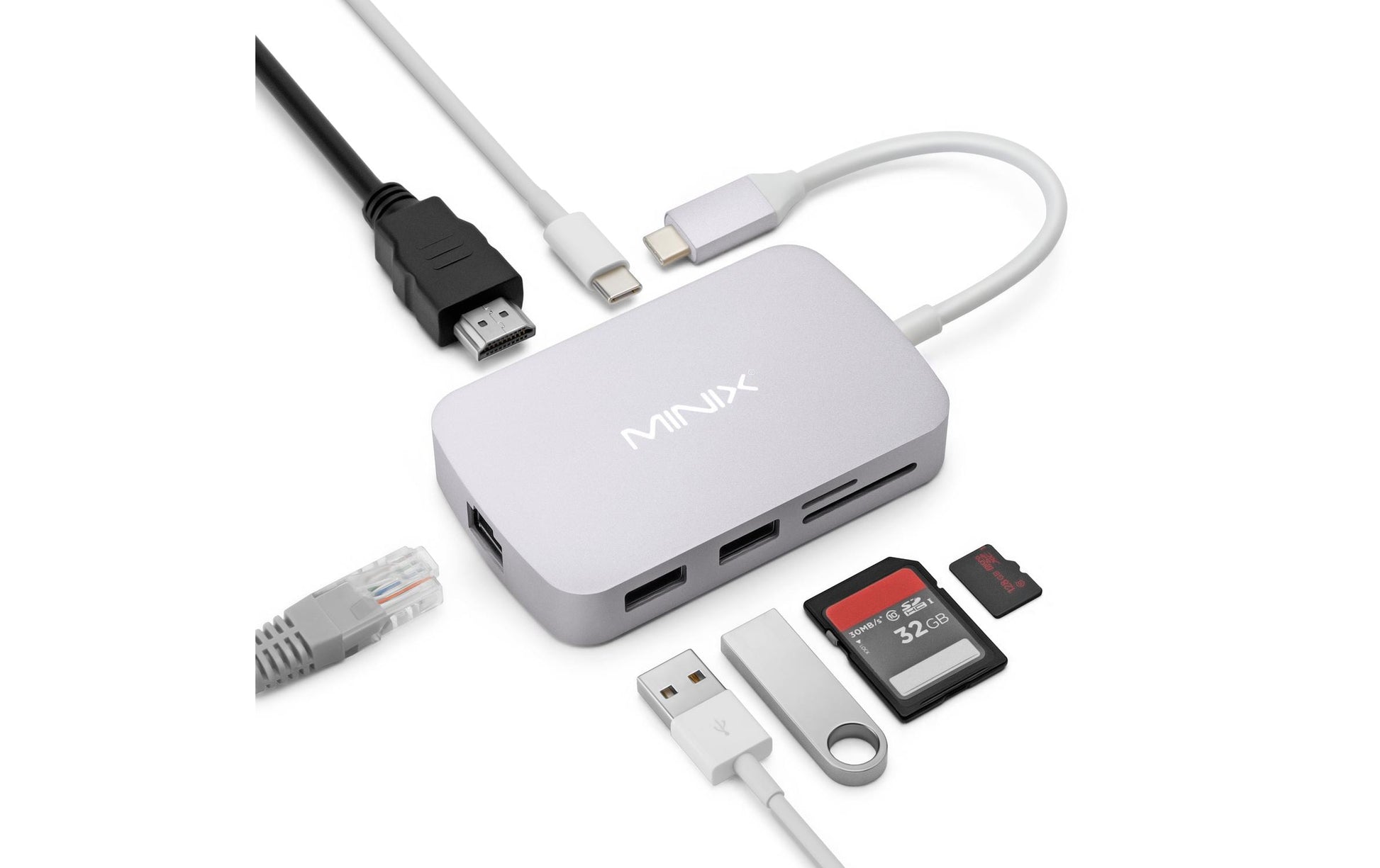 MINIX NEO C-GGR Multiport-Adapter – USB-C, 1× HDMI, 2× USB-A, SD/microSD, für Windows/Mac/Linux