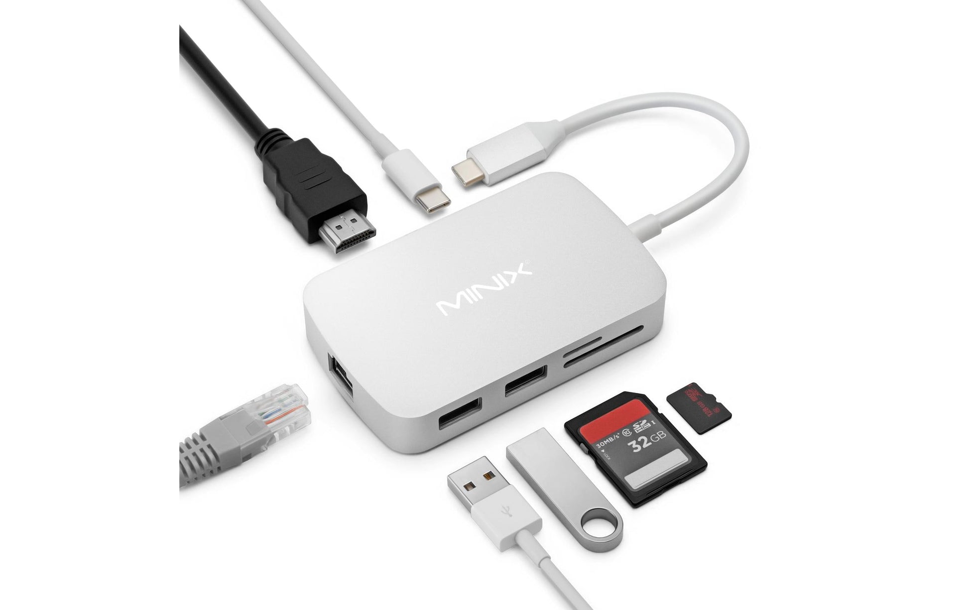 MINIX NEO C-GSI Multiport-Adapter – USB-C, 1× HDMI, 2× USB-A, SD/microSD, für Windows/Mac/Linux
