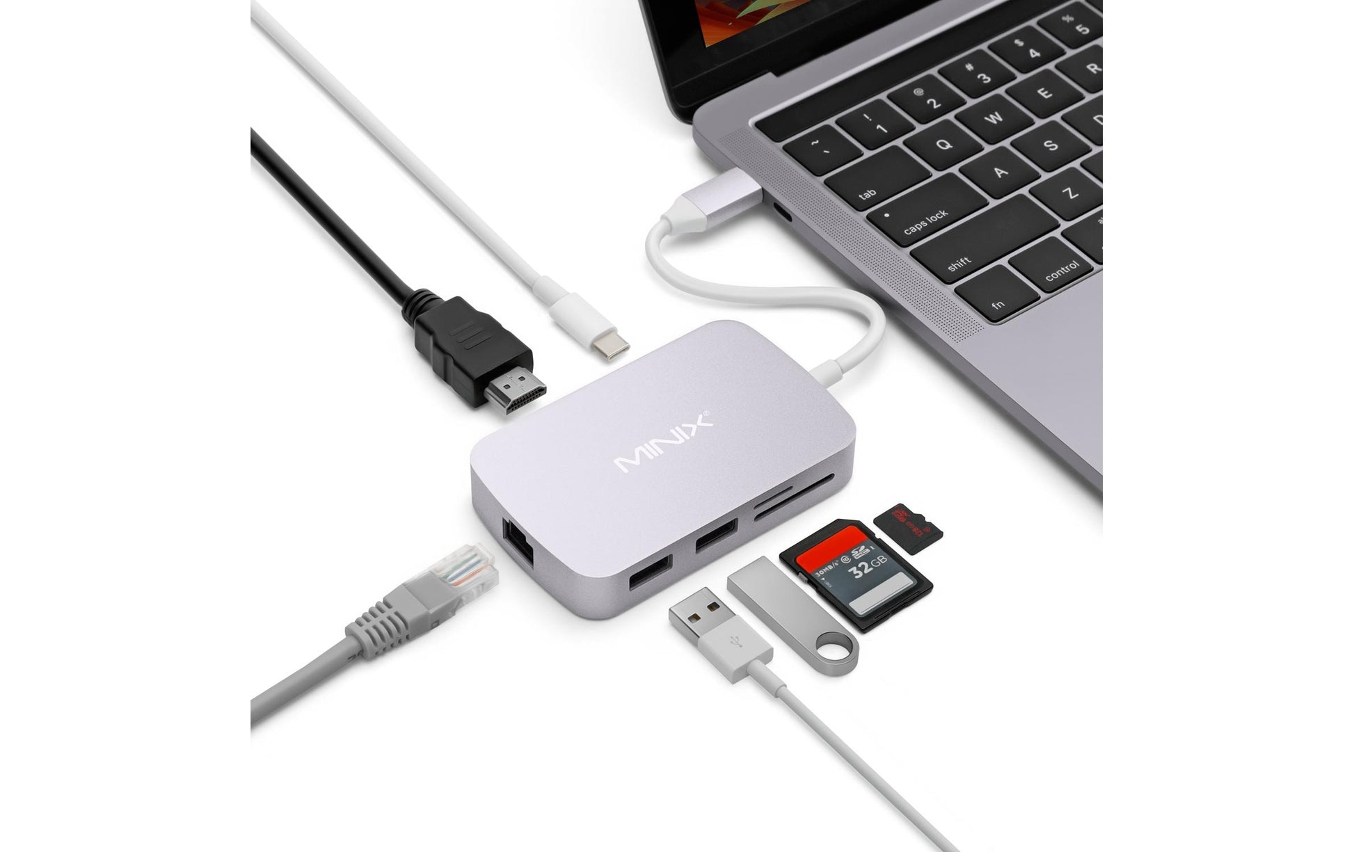 MINIX NEO C-GGR Multiport-Adapter – USB-C, 1× HDMI, 2× USB-A, SD/microSD, für Windows/Mac/Linux