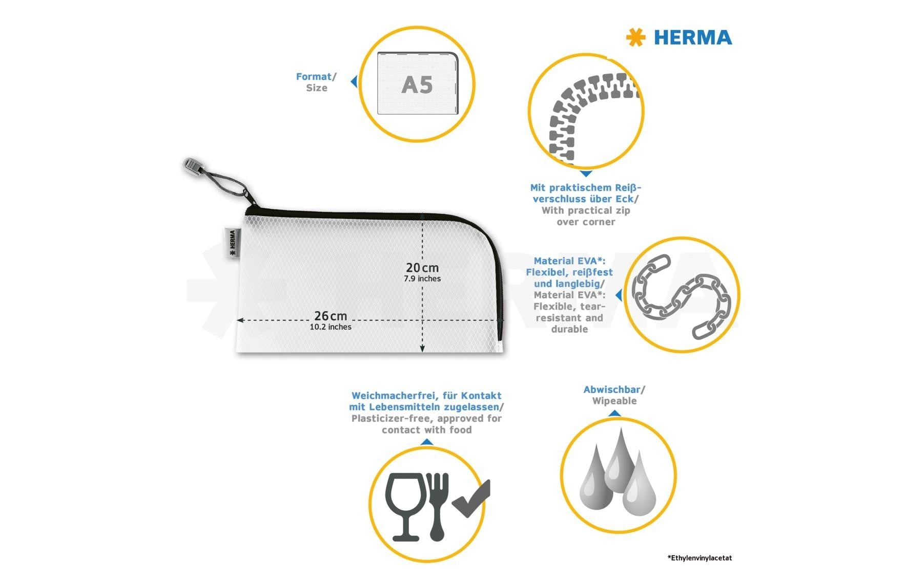 HERMA Reissverschlusstasche – Blau – Kunststoff – 36,0 × 28,0 × 0,7 cm
