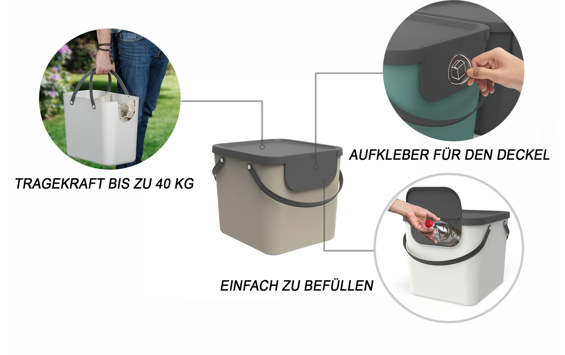 Rotho Abfallcontainer – 40 l – mit Deckel – Kunststoff, Cappuccino – B × H × T 358 × 340 × 400 mm