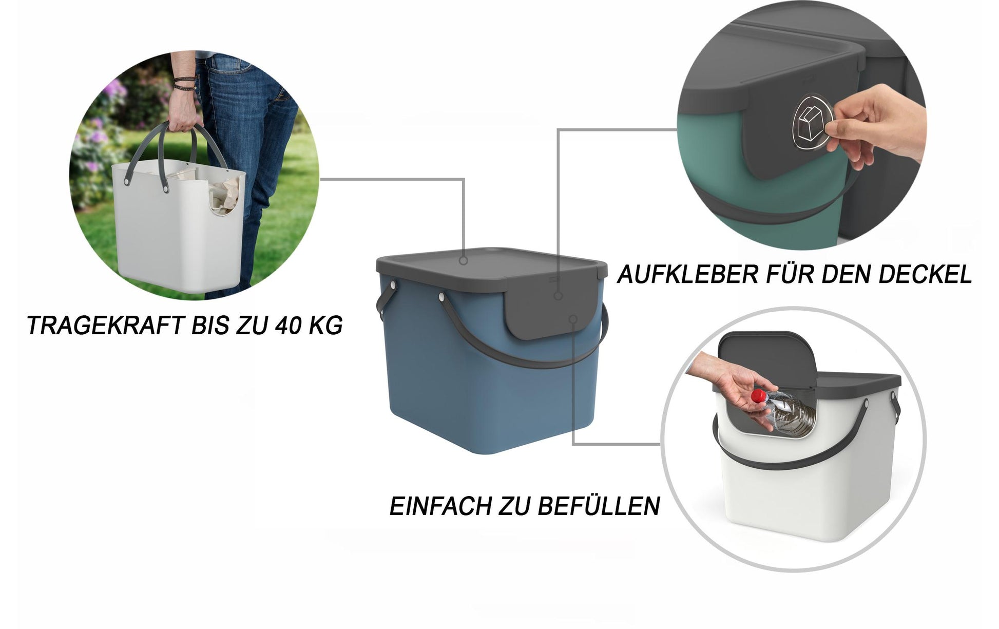 Rotho Abfallcontainer – 40 l – mit Deckel – Kunststoff, Horizon Blau – B × H × T 358 × 340 × 400 mm