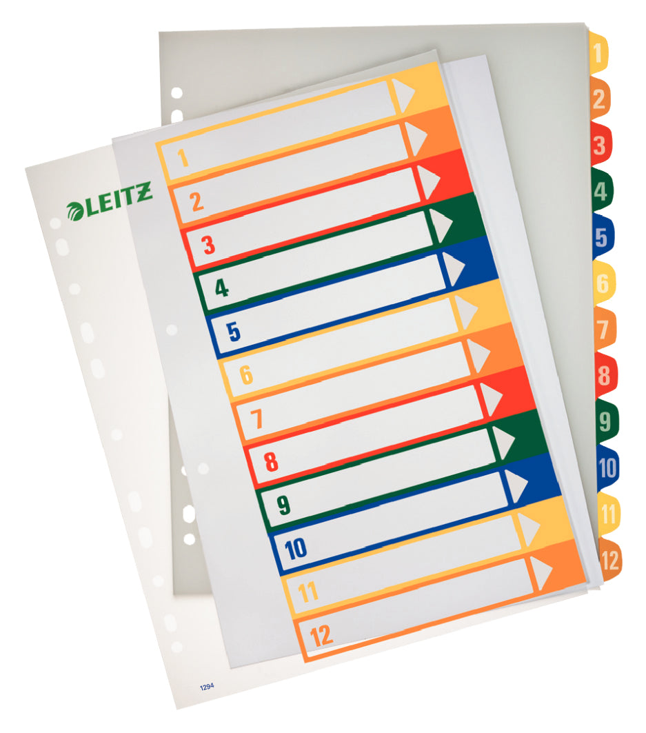 Leitz Register – A4, 12-teilig, PP, farbig, vorgedruckt, 11-fach gelocht, für A4 hoch überbreit