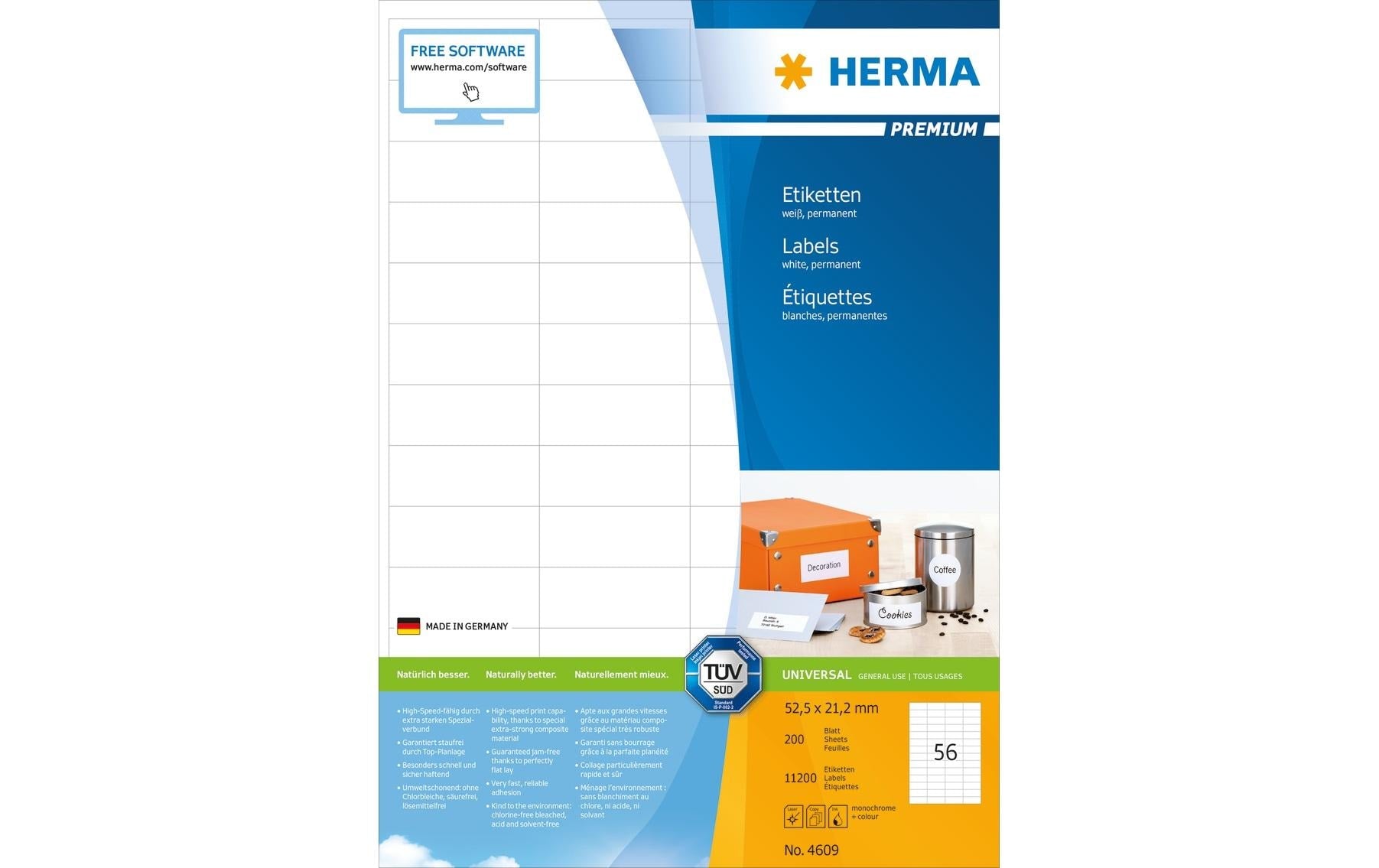 HERMA Druckeretiketten, 53 mm × 21 mm, weiss, Papier, permanent, 200 Blatt