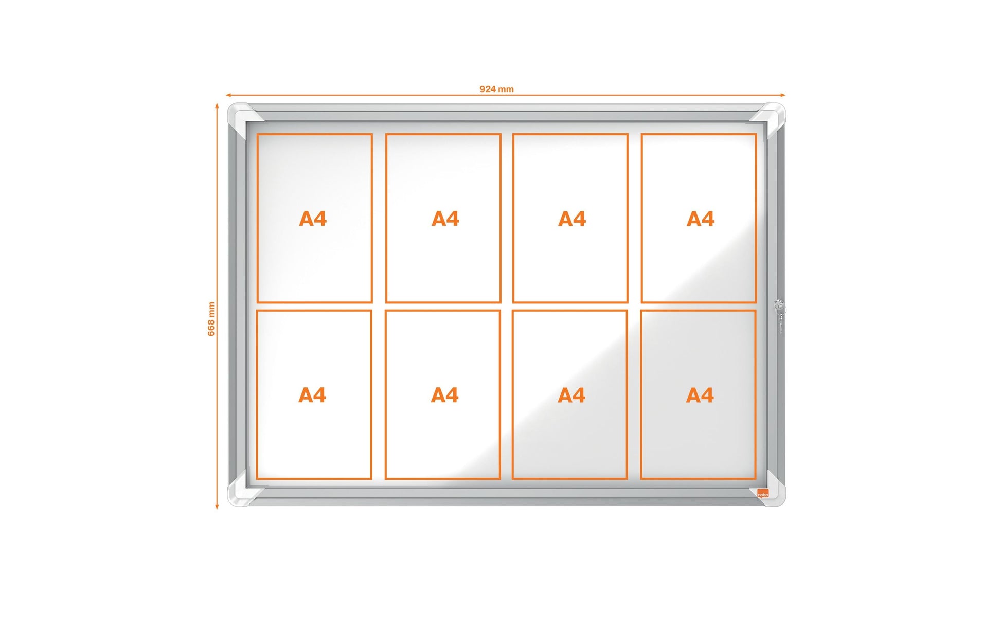 Nobo Schaukasten, 8 × A4 – Aluminium, Glas, abschliessbar, magnethaftend, 92,3 × 66,7 × 4,3 cm