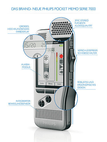 Philips Digital Pocket Memo 7200 – Digitales Diktiergerät – 32 GB, 30 h – Silber