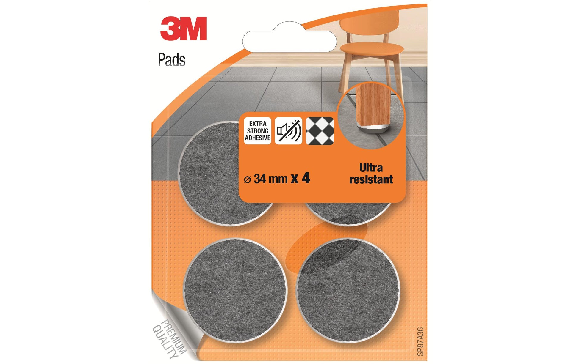 3M SP87A36 Stuhlbeingleiter – Faser – Grau, Ø 34 mm, 4er-Set