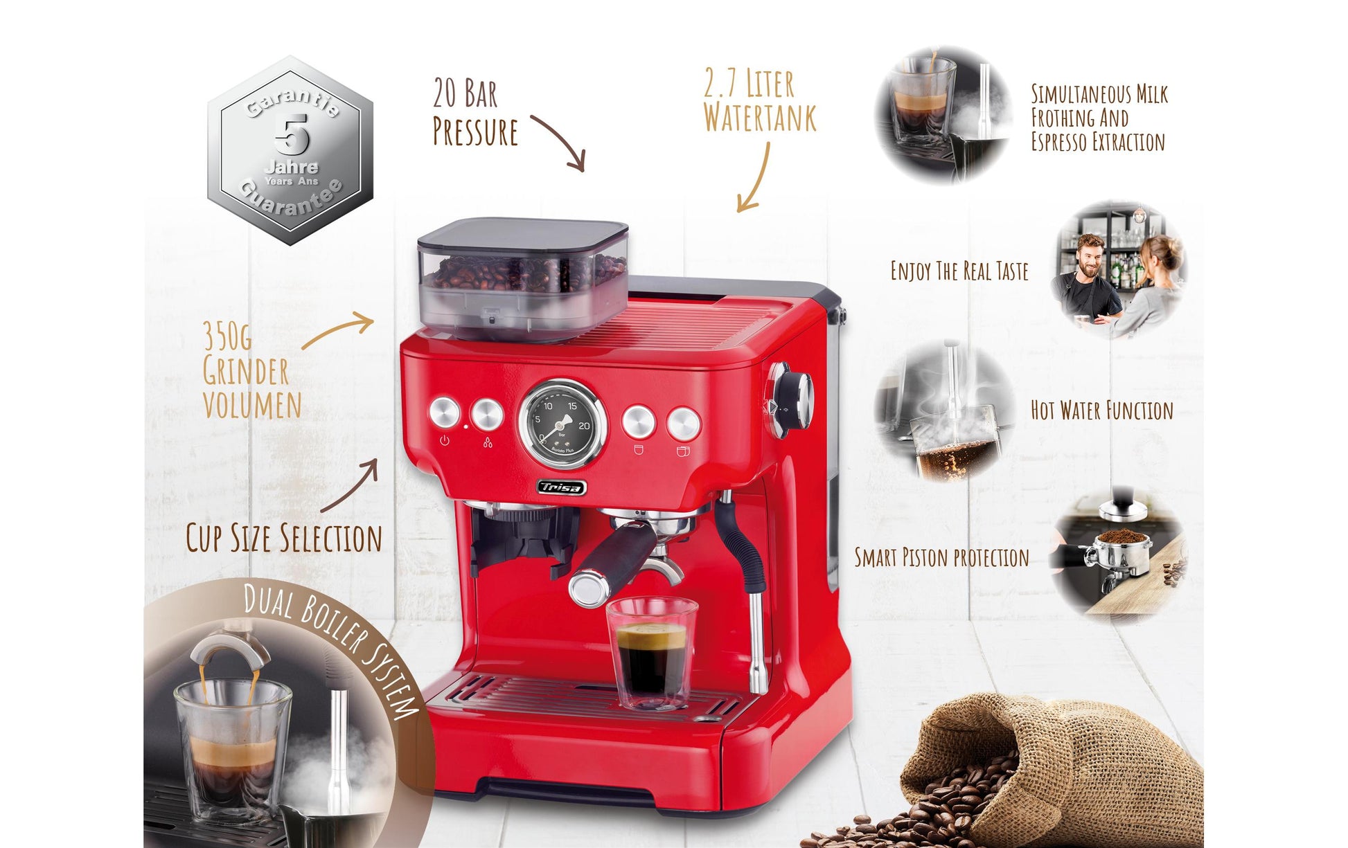 Trisa Barista Plus Espressomaschine (Siebträger) – 20 bar, 2,7 l, Milchschaumdüse, 28,0 × 41,0 × 32,5 cm