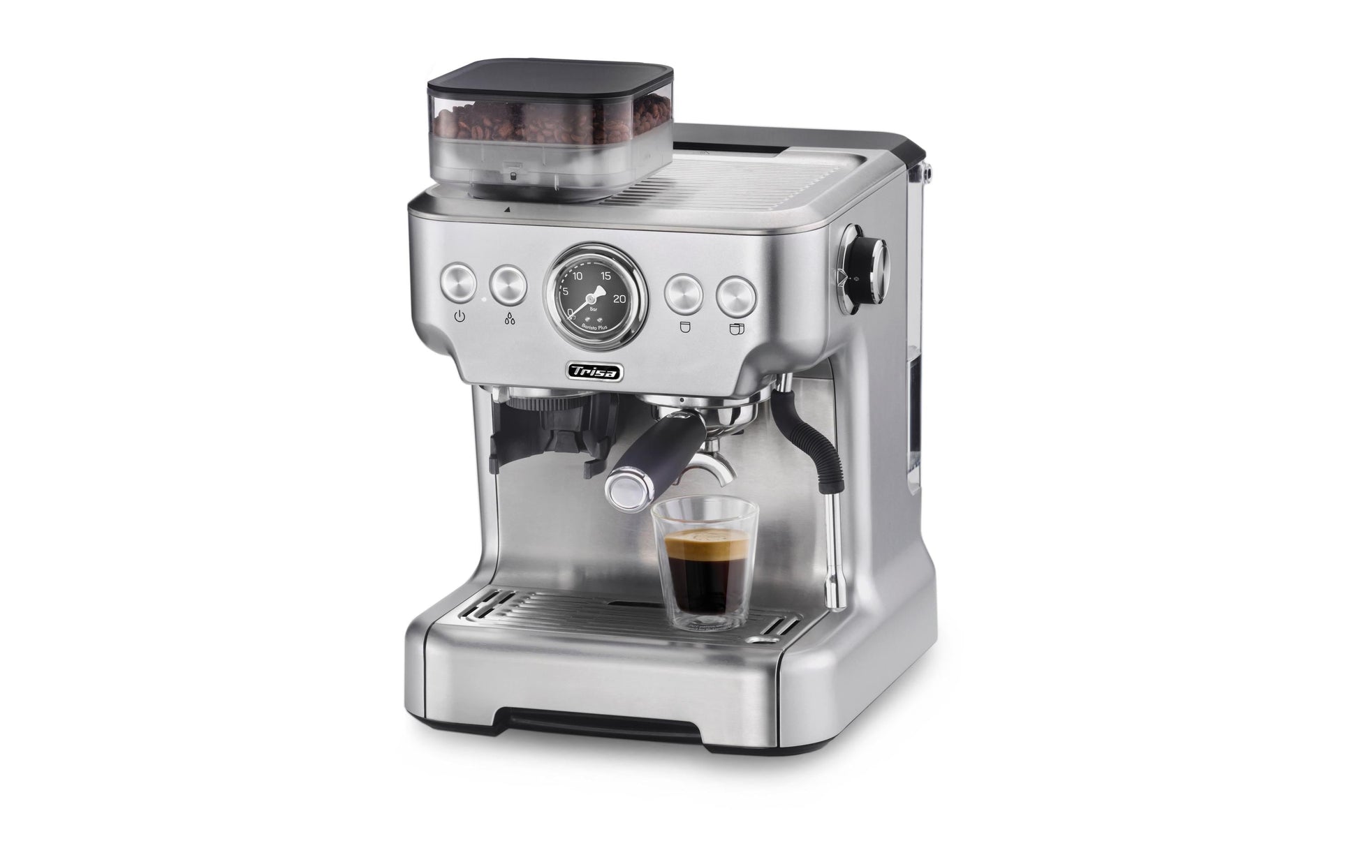 Trisa Espressomaschine (Siebträger) – 20 bar, 2,7 l, Milchschaumdüse, Silber/Schwarz
