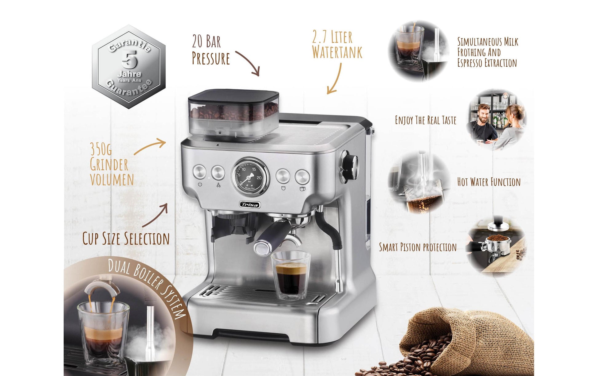 Trisa Espressomaschine (Siebträger) – 20 bar, 2,7 l, Milchschaumdüse, Silber/Schwarz