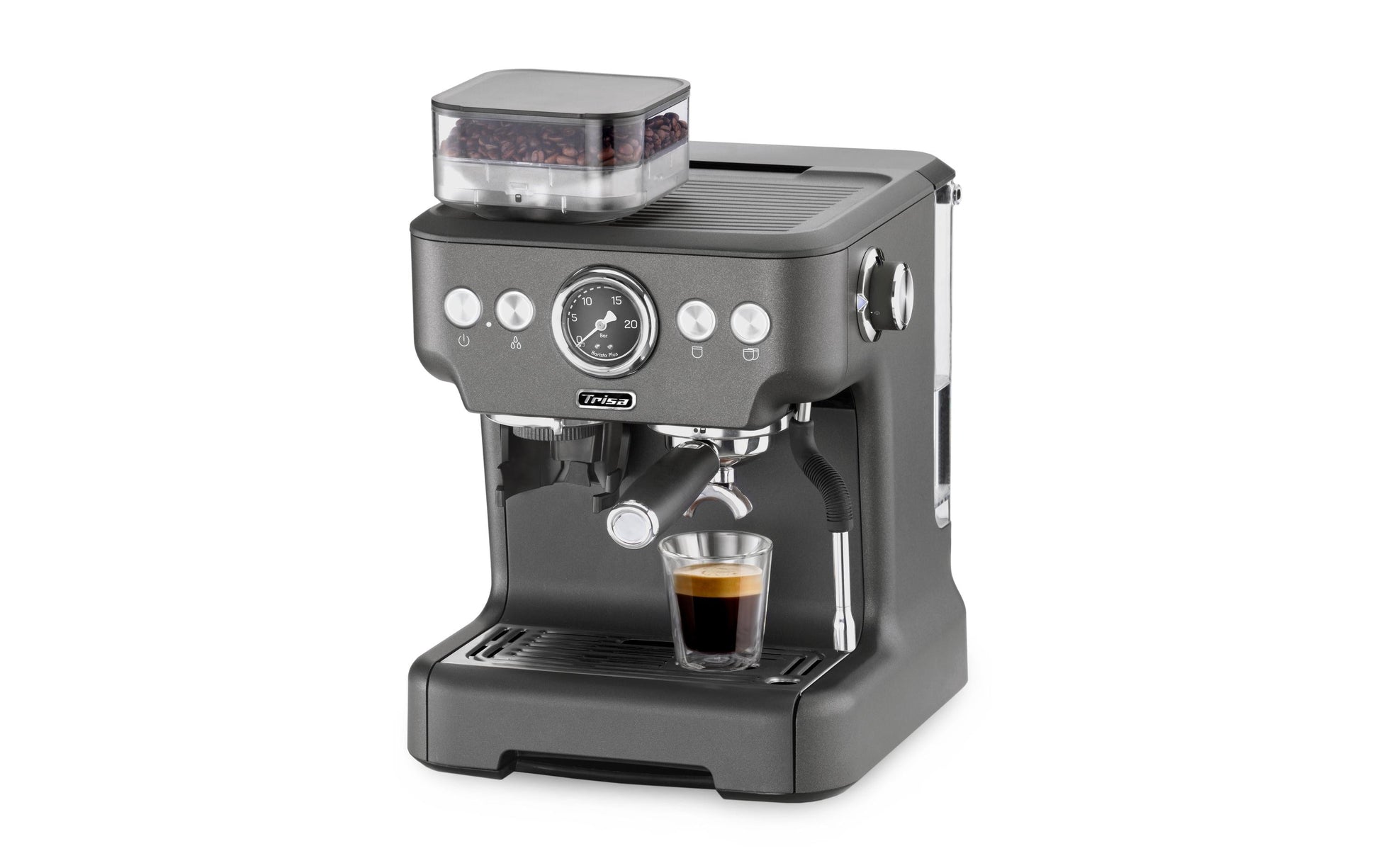 Trisa Barista Plus Espressomaschine (Siebträger) – 20 bar, 2,7 l, Milchschaumdüse, Grau, 28 × 41 × 32,5 cm