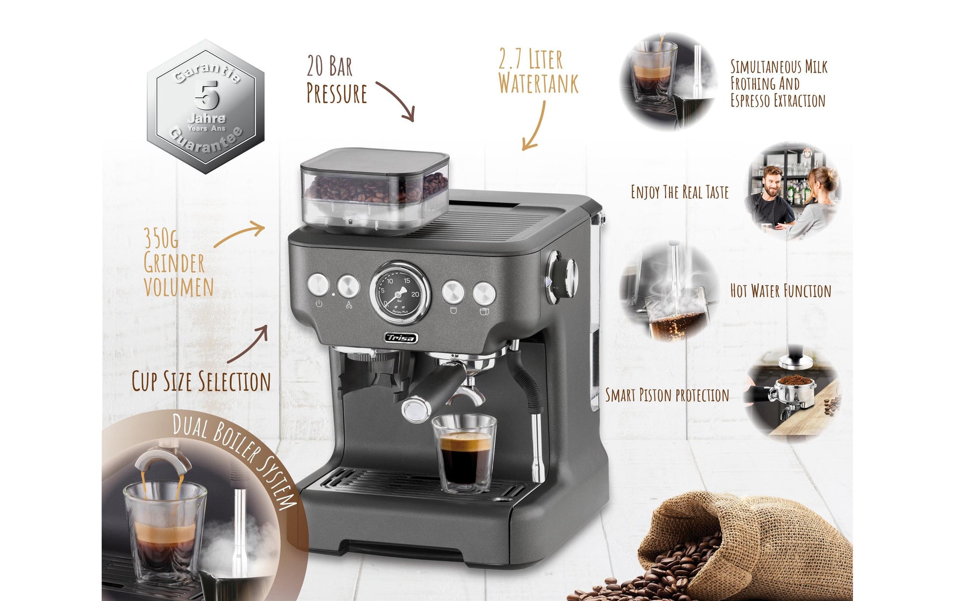 Trisa Barista Plus Espressomaschine (Siebträger) – 20 bar, 2,7 l, Milchschaumdüse, Grau, 28 × 41 × 32,5 cm