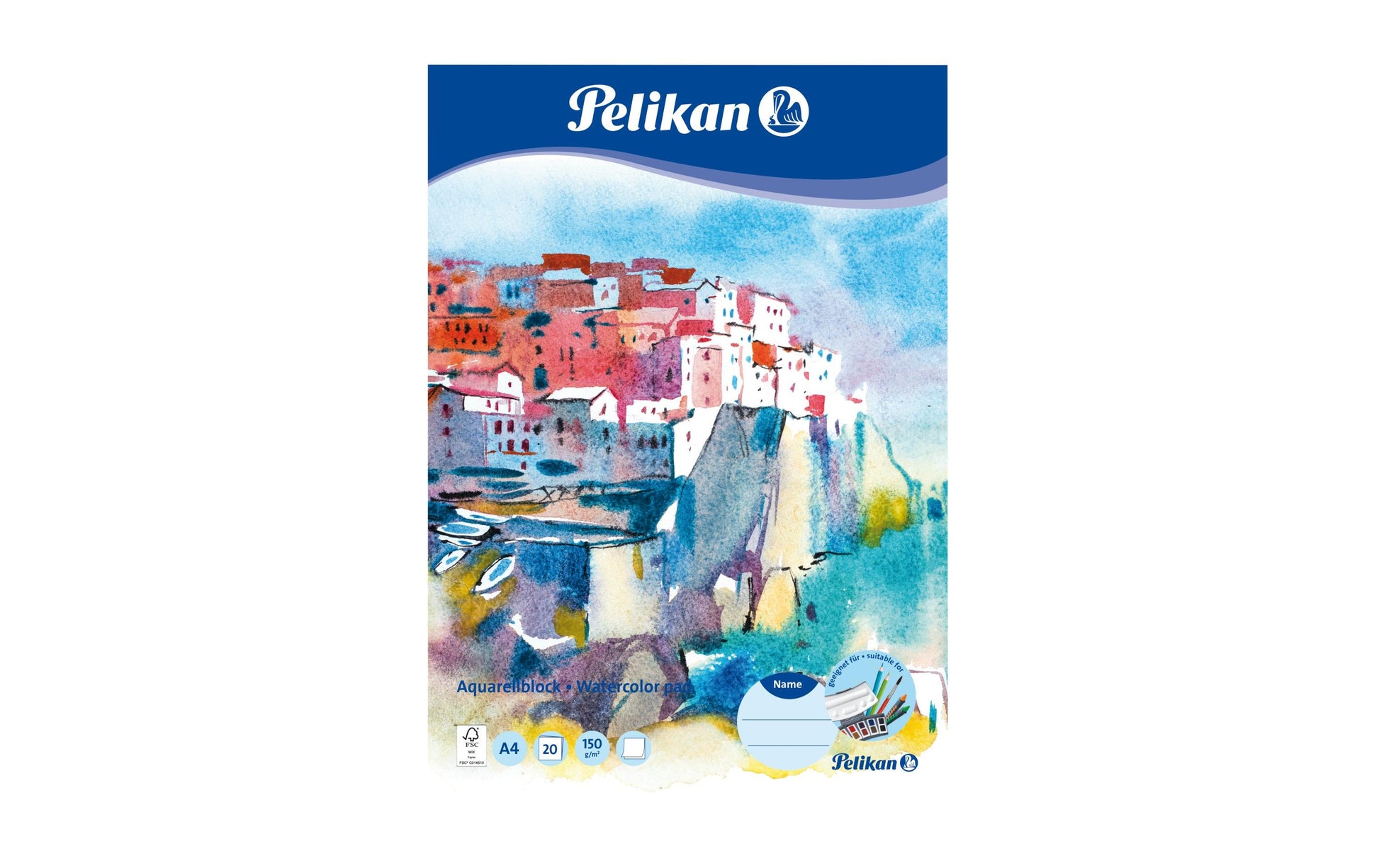 Pelikan Aquarellblock – A4 – 150 g/m² – 20 Blatt – rau, für Aquarell – FSC