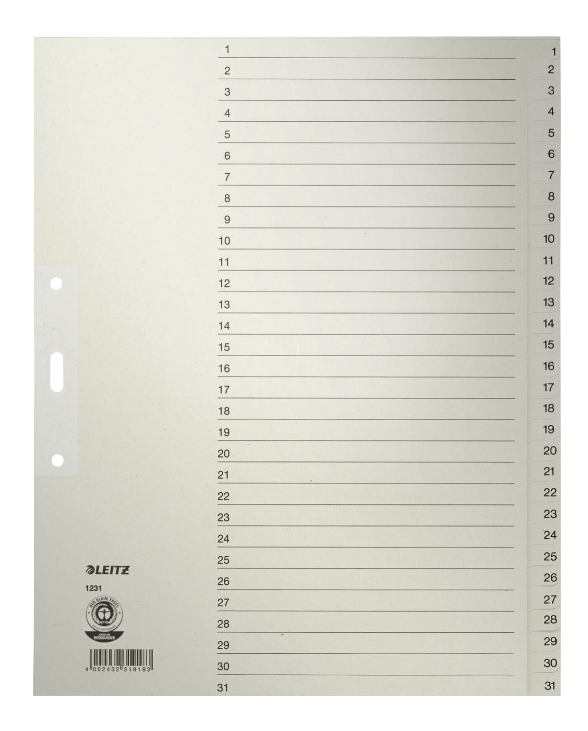 Leitz Register A4 – nummeriert 1–31, 31 Taben, graues Papier, lochverstärktes erstes Blatt