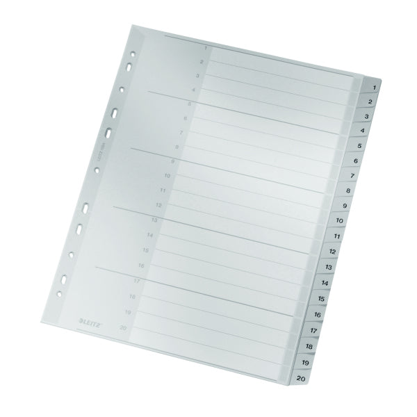 Leitz Register A4 überbreit – nummeriert 1–20, 20 Taben, PP 0,12 mm, grau, 11-fach, beschriftbares Deckblatt