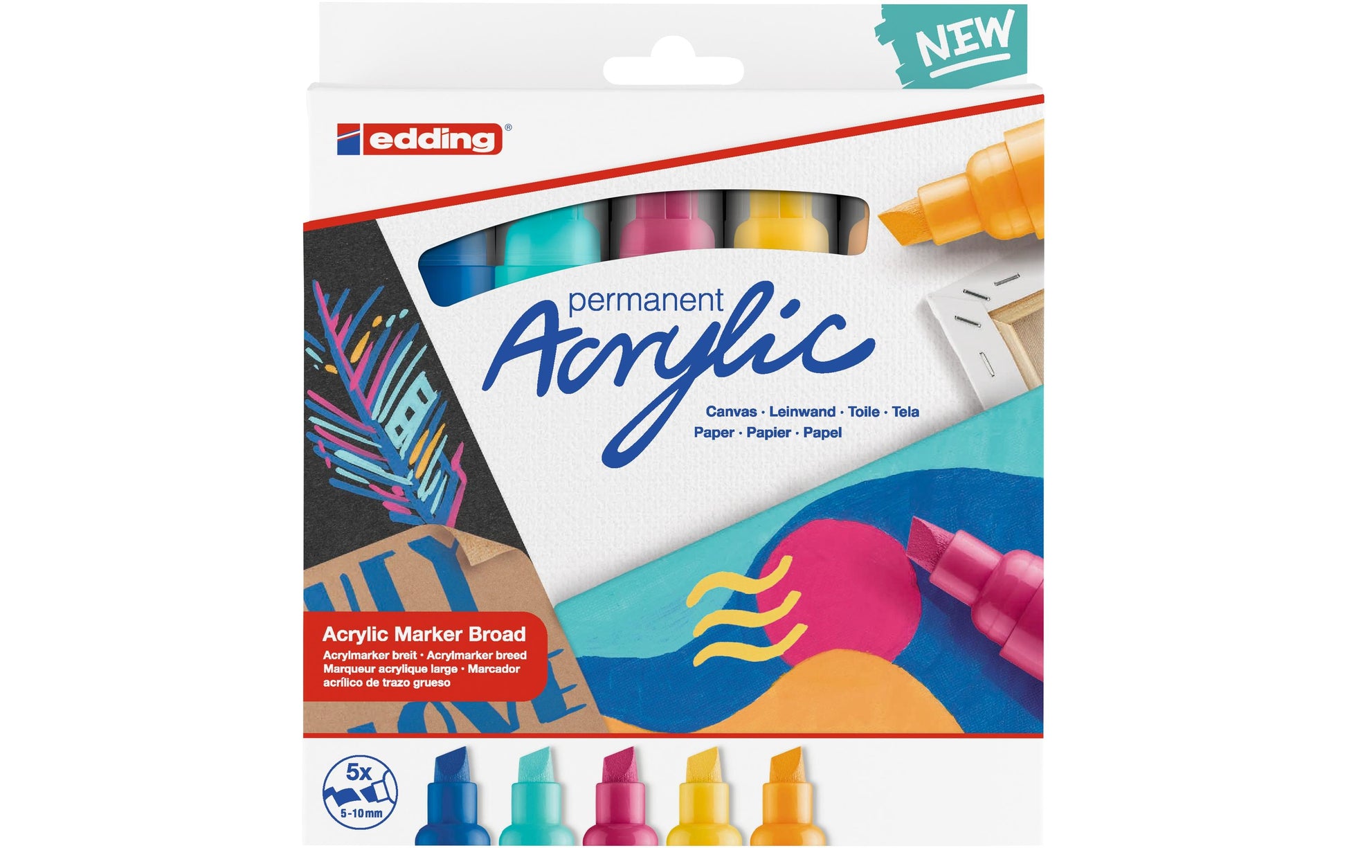 Edding Acrylmarker – blau, pink, türkis, gelb, 5er