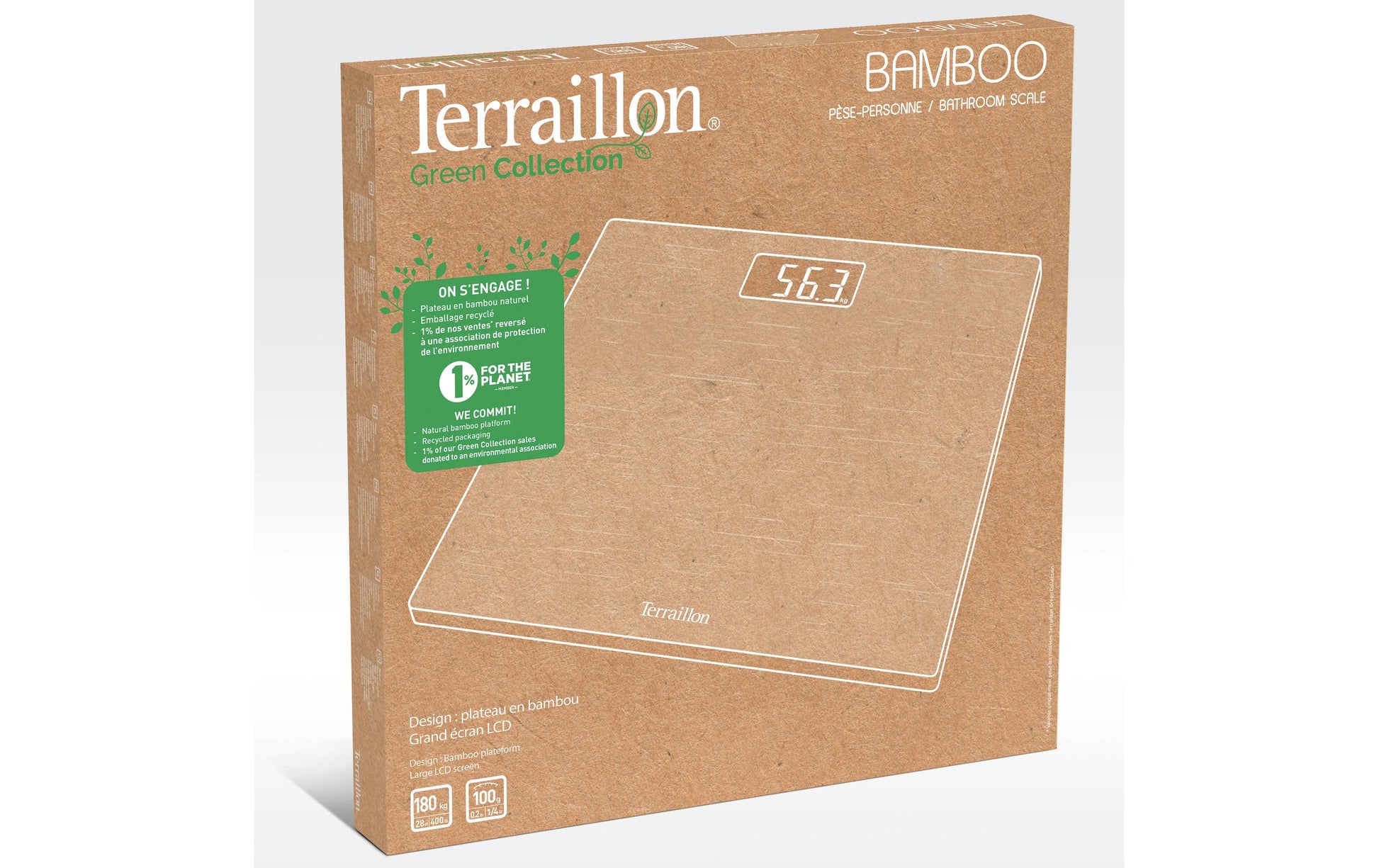 Terraillon Universalwaage Bamboo – Tragkraft 150 kg, Teilung 100 g, Wiegefläche 30 × 30 cm, Batterie, Bambus