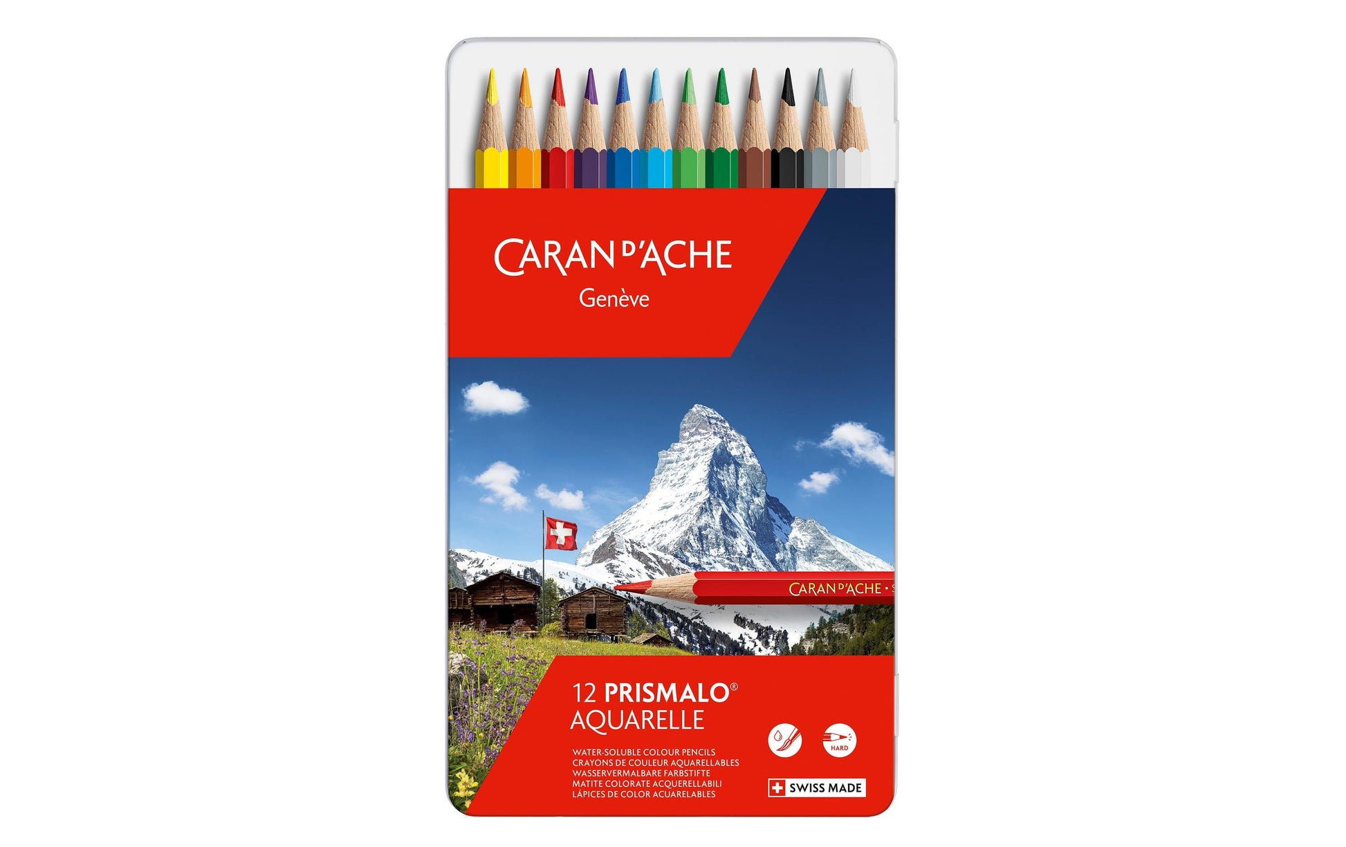 Caran d-Ache Caran d'Ache Prismalo Aquarellfarbstifte – 12 Farben, im Metalletui, Ø 3 mm, FSC
