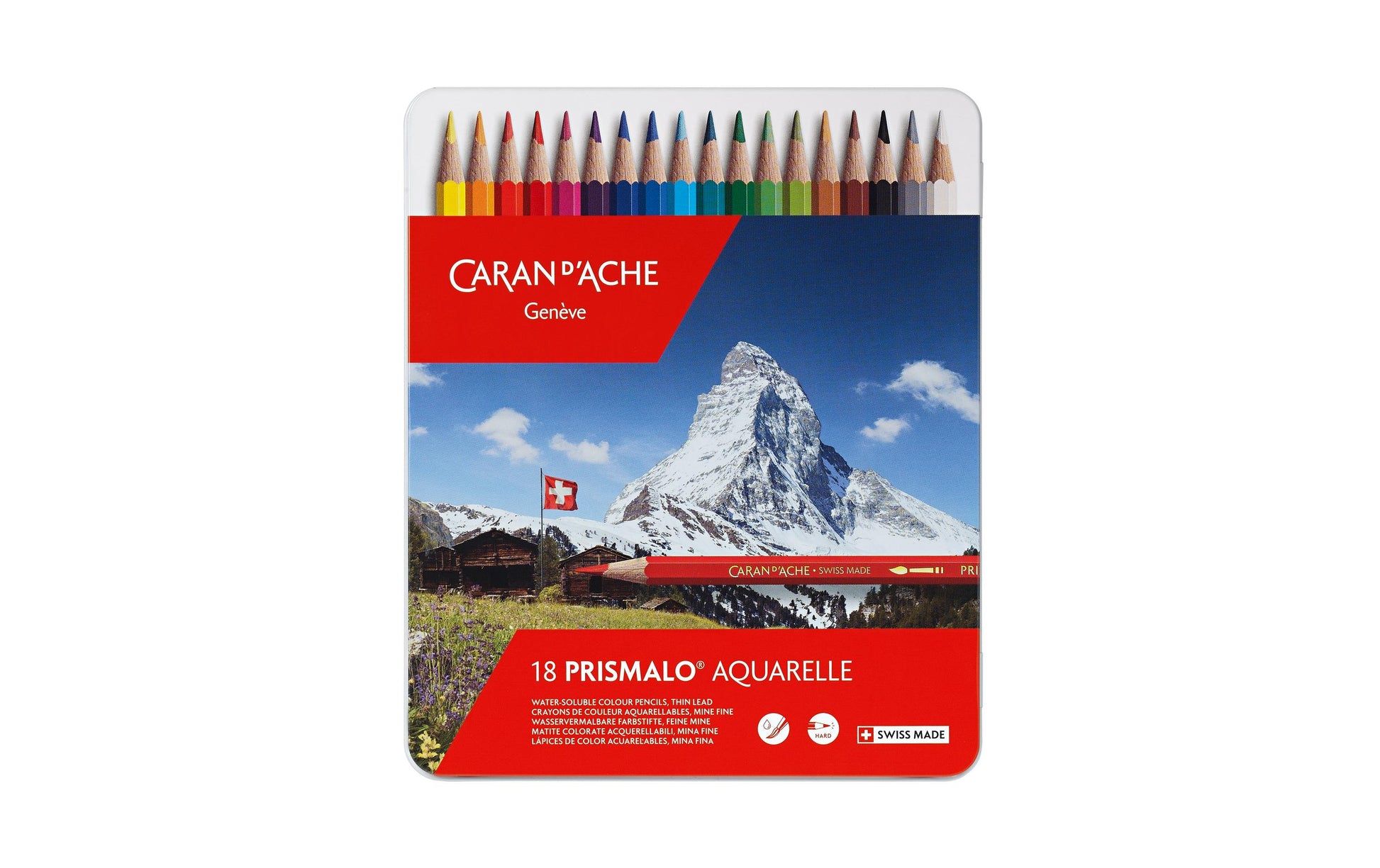 Caran d-Ache Caran d'Ache Prismalo Aquarellfarbstifte – 18 Farben, im Metalletui, Ø 3 mm, FSC