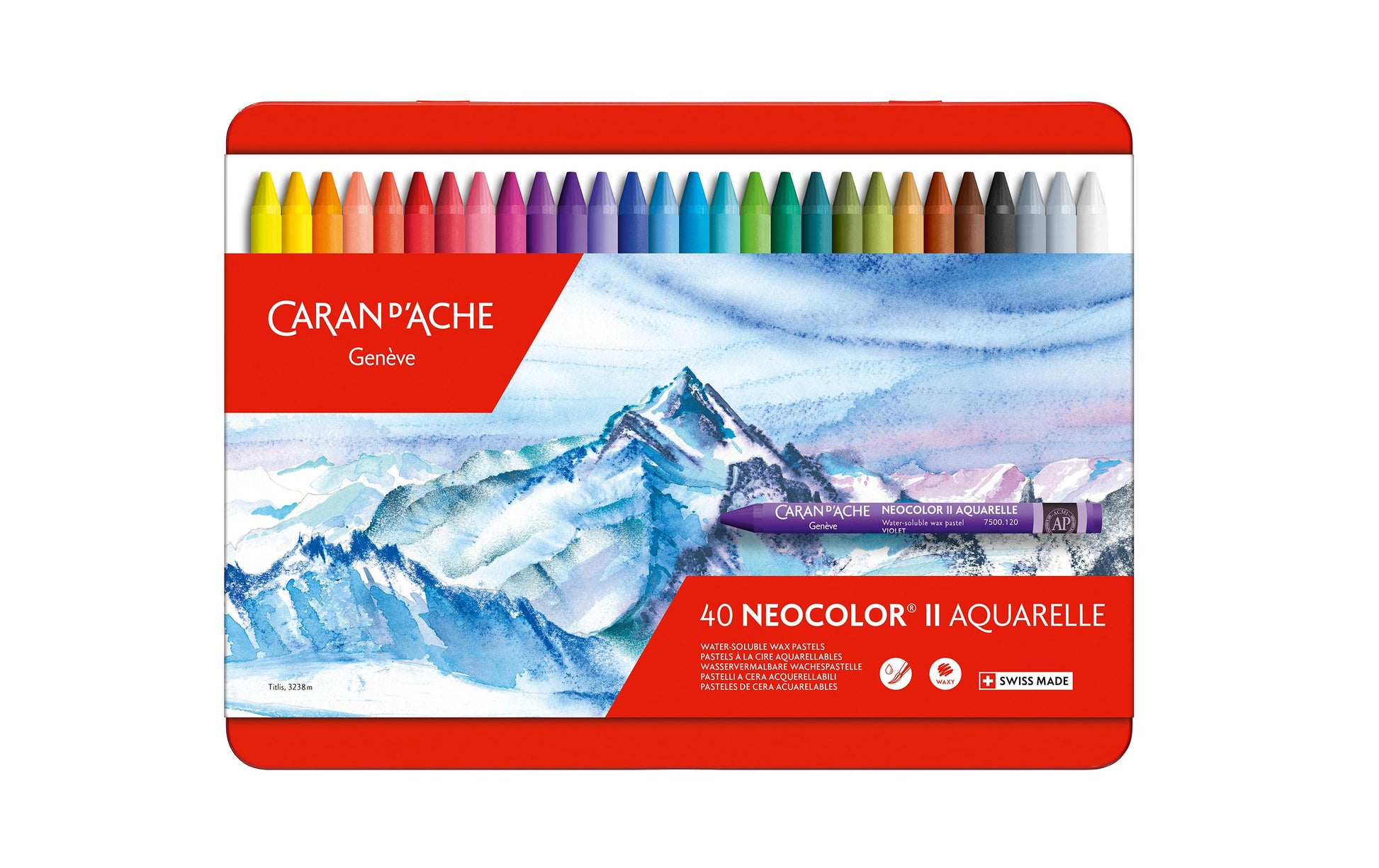 Caran d-Ache Caran d'Ache Neocolor II Aquarellfarbstifte-Set – 40 Farben, Mine Ø 8,6 mm, Metallschachtel