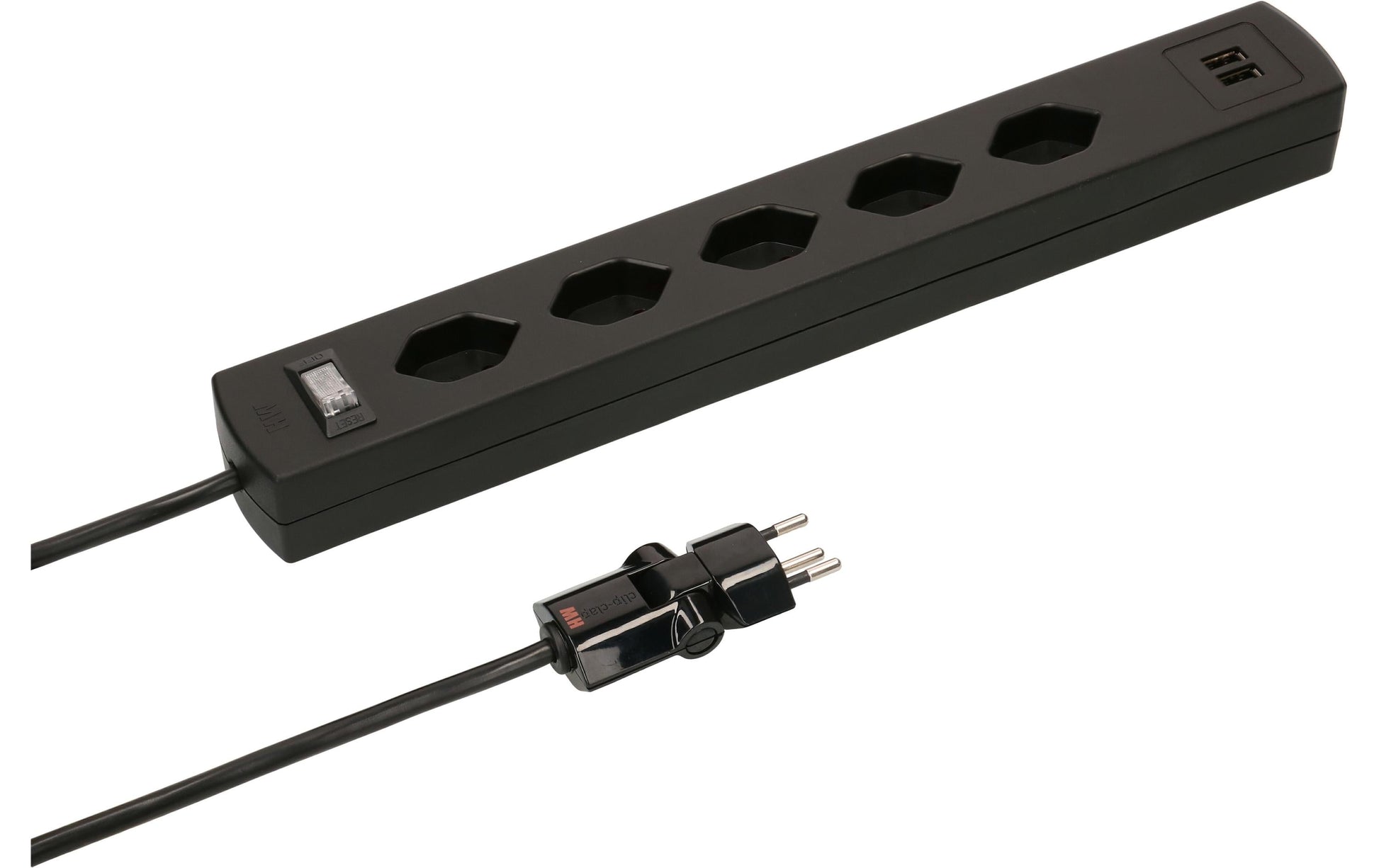 Max Hauri AG Max Hauri SAFETY-LINE Steckdosenleiste, 5×T13, 2×USB‑A, mit Schalter, 2 m, Eingang T12, Magnet – Schwarz