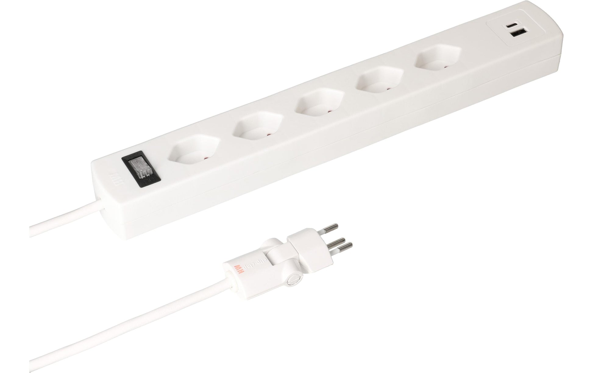 Max Hauri AG Max Hauri SAFETY-LINE Steckdosenleiste, 5×T13, 1×USB‑A + 1×USB‑C, mit Schalter, 2 m, Überstromschutz – Weiss