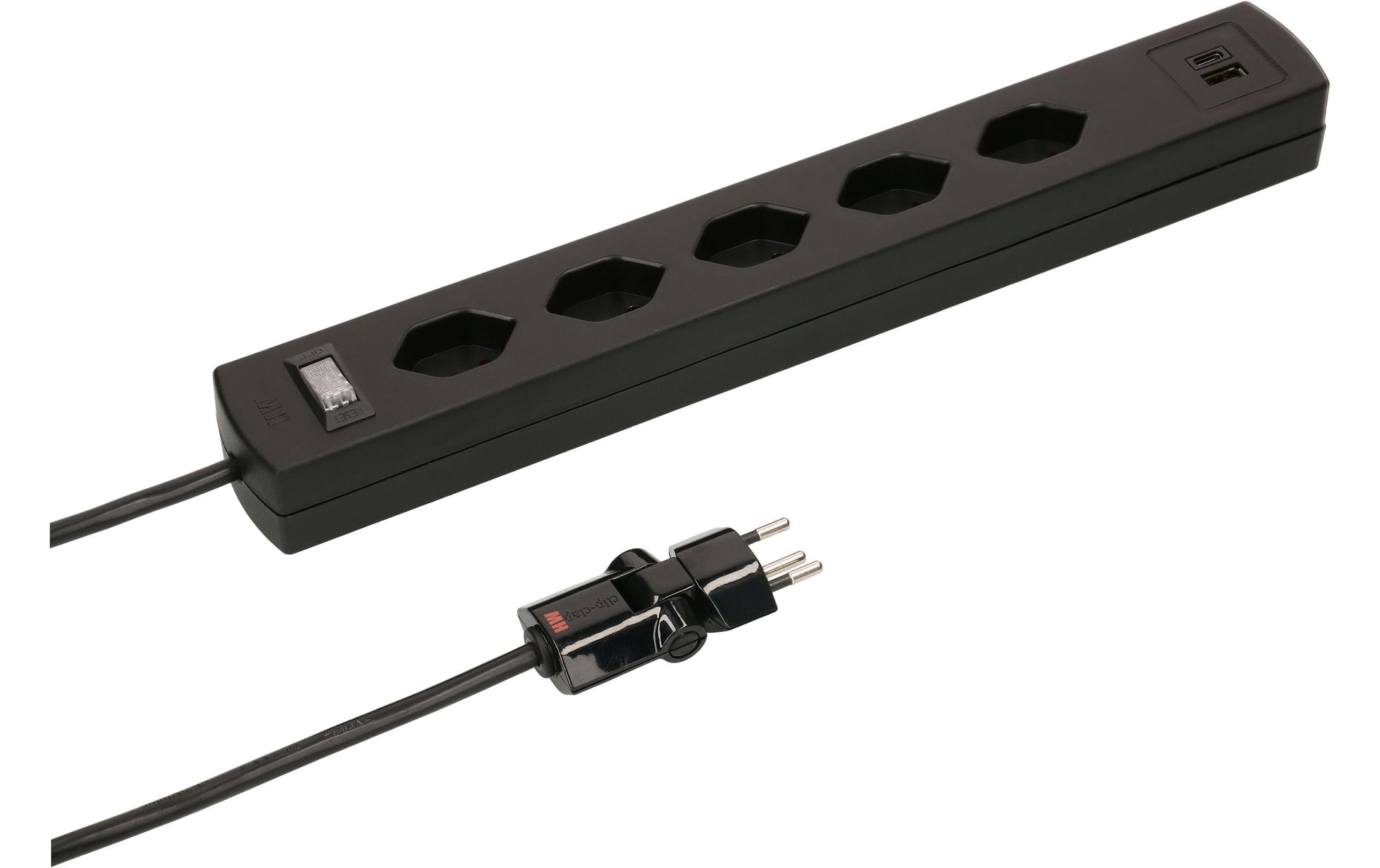 Max Hauri AG Max Hauri SAFETY-LINE Steckdosenleiste, 5×T13, 1×USB‑A + 1×USB‑C, mit Schalter, 2 m, Eingang T12 – Schwarz